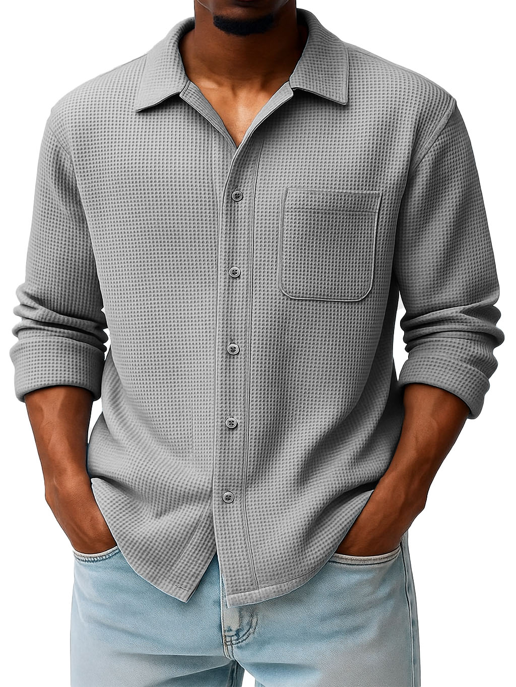 Men's Fashion Casual Waffle Fabric Pocket Long Sleeve Lapel Shirt