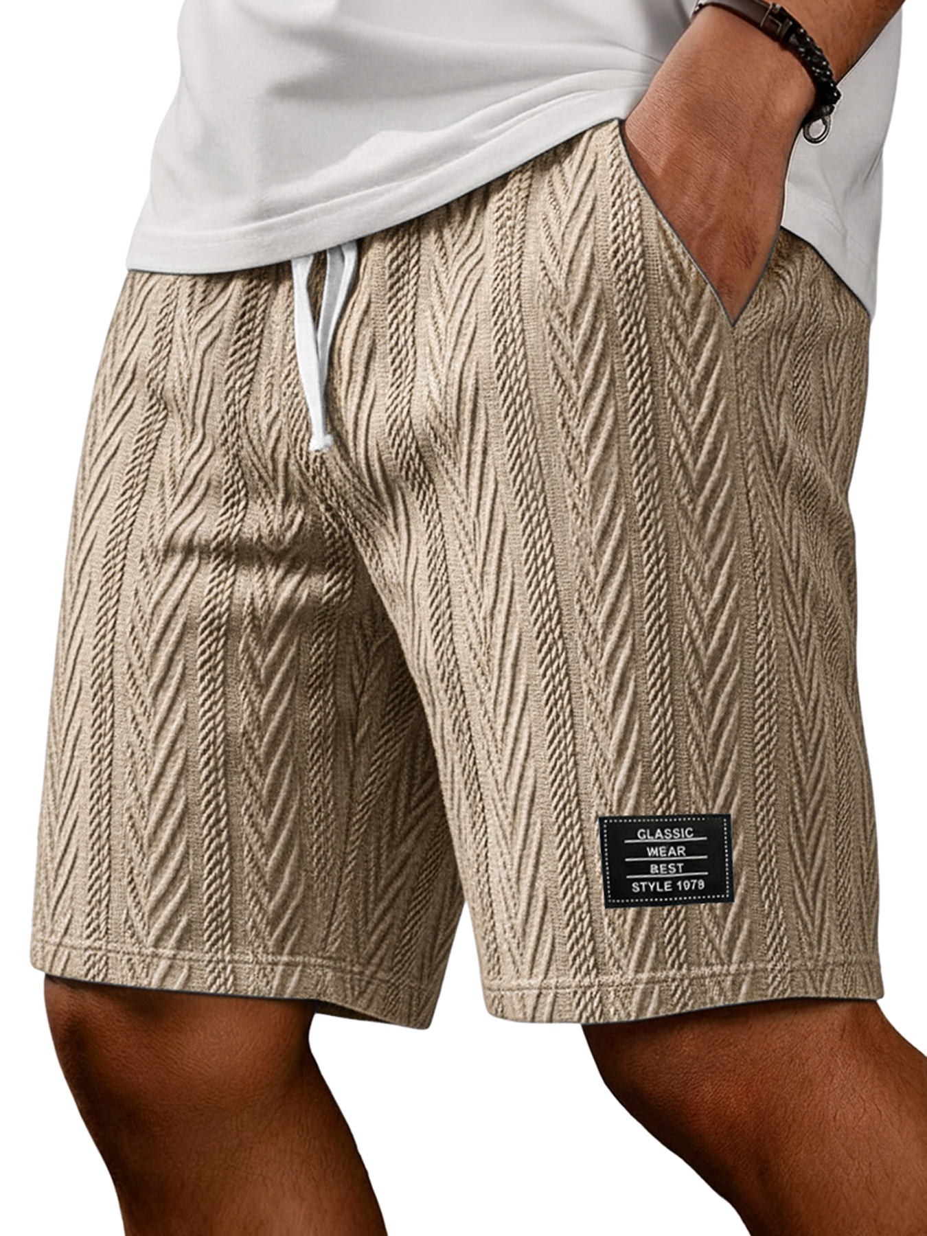 Men's Fashion Textured Embroidered Logo Casual Loose Shorts