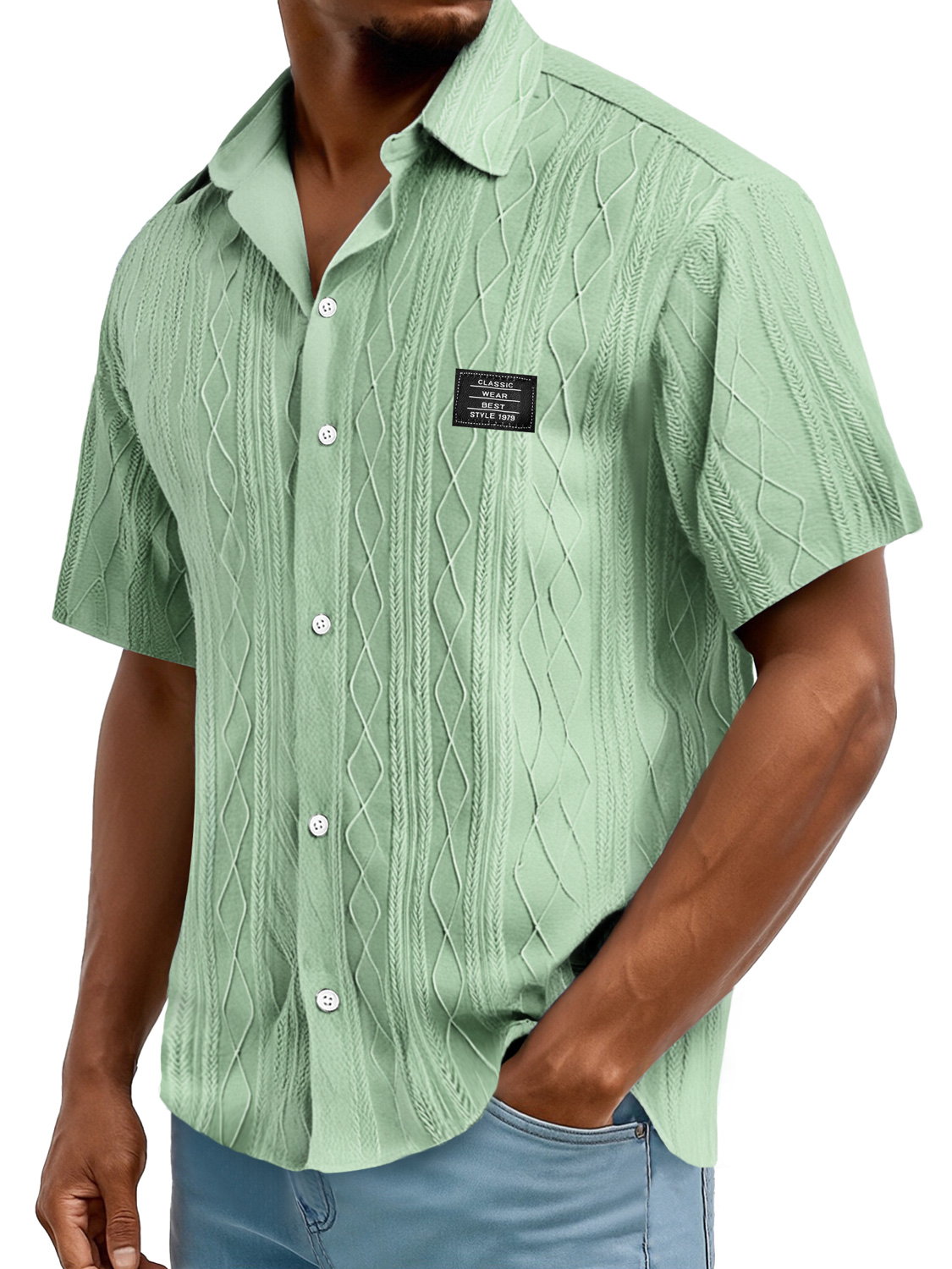 Men's Daily Casual Texture Embroidered Logo Solid Color Comfortable Short-sleeved Shirt