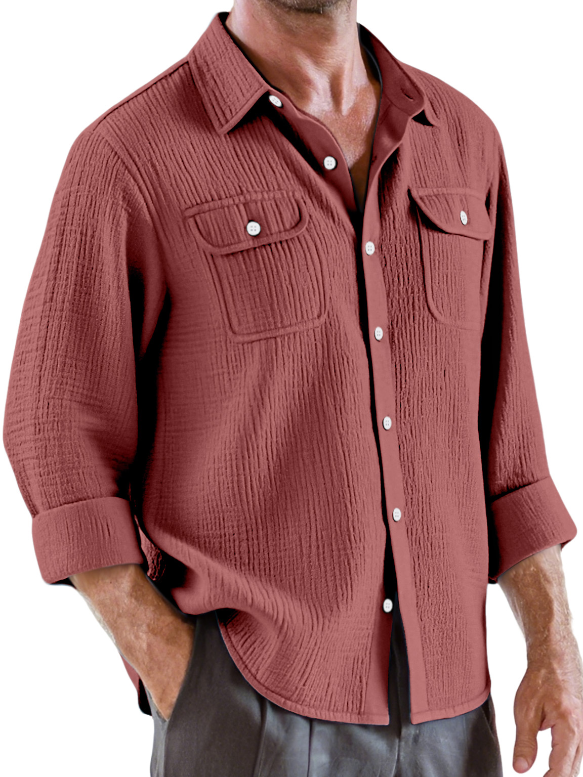 Men's Casual Solid Color Pleated Texture Double Pocket Long Sleeve Shirt