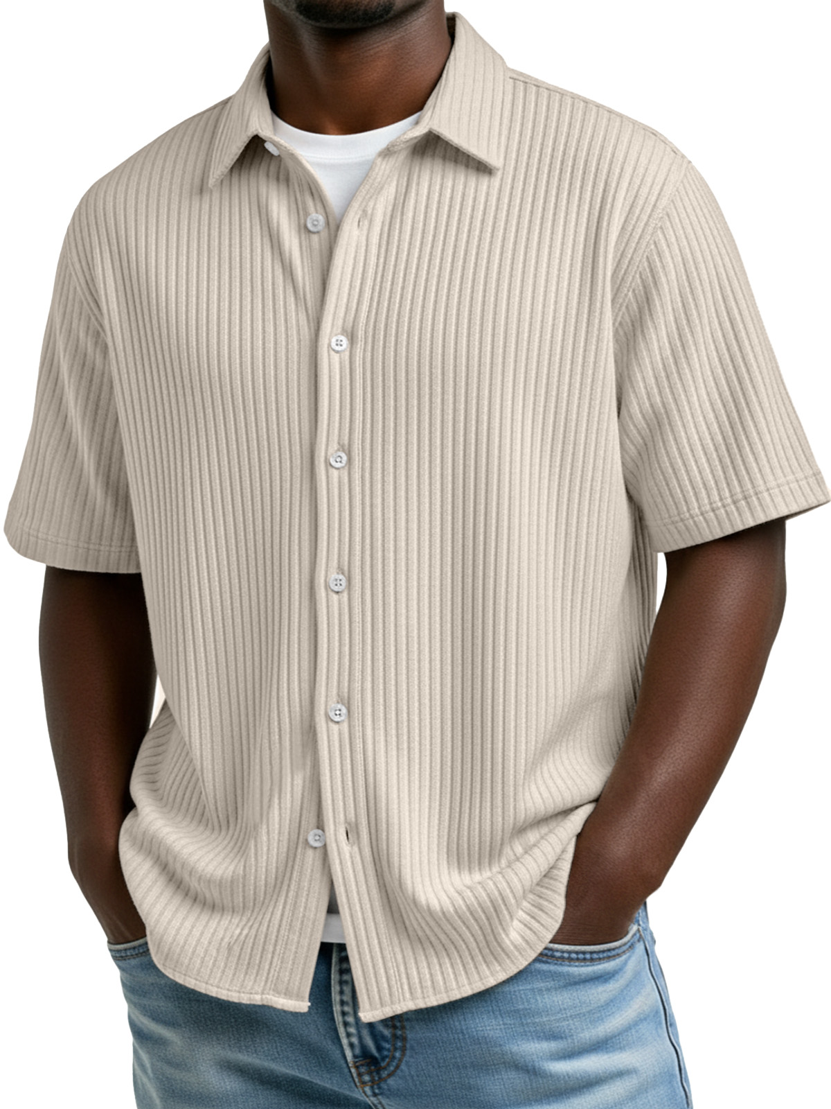 Men's Simple Solid Color Vertical Stripe Lapel Short-Sleeve Shirt