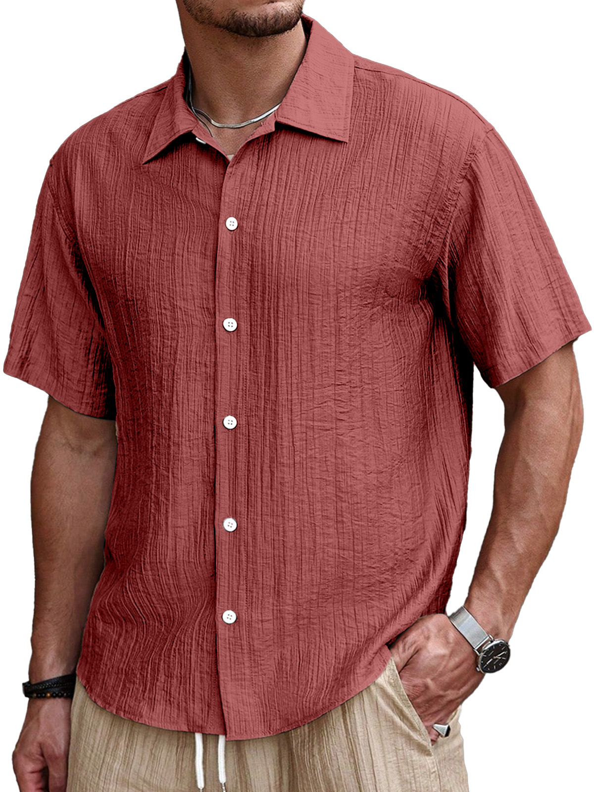 Men's Simple Casual Pleated Solid Color Short Sleeve Button Lapel Shirt