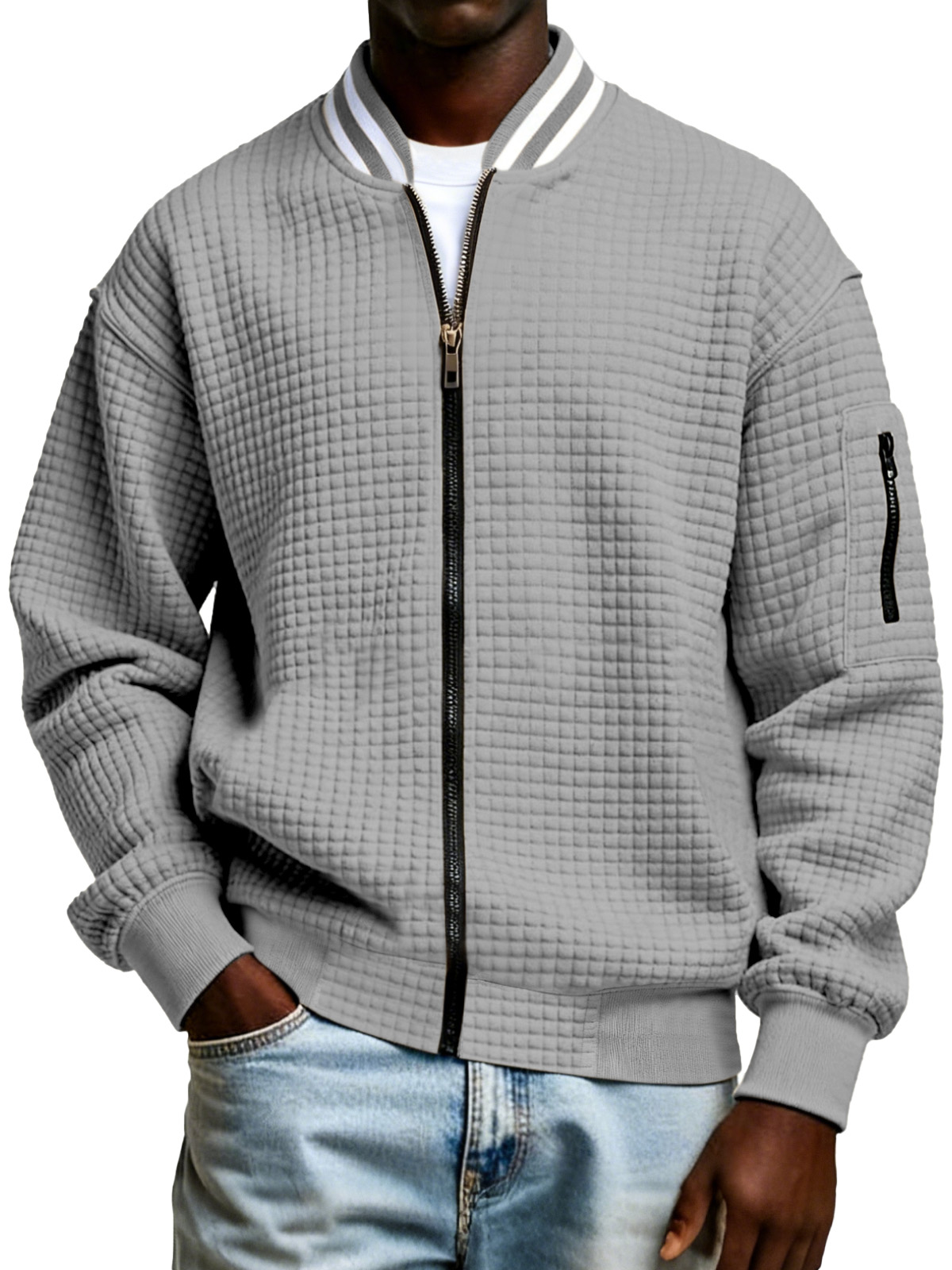Men's Plaid Texture Solid Color Zipper Stand Collar Sweatshirt Jacket