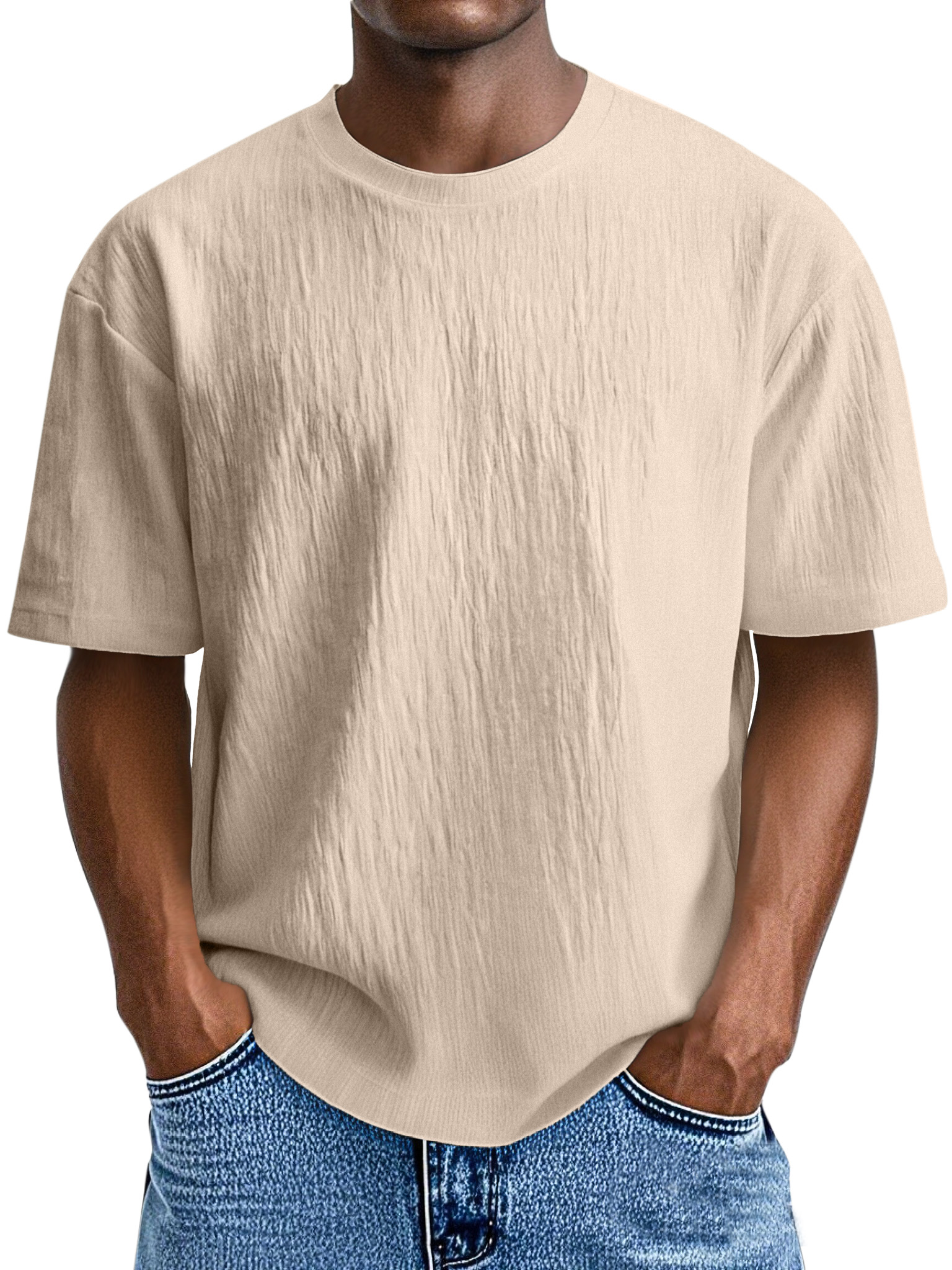 Men's Simple, Comfortable And Loose Solid Color Pleated Round Neck Short-sleeved T-shirt