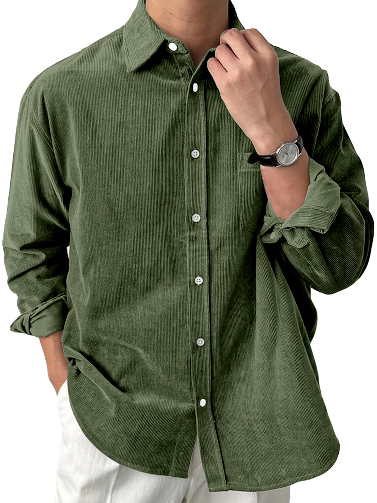Men's Casual Solid Color Corduroy Loose Lapel Long Sleeve Shirt