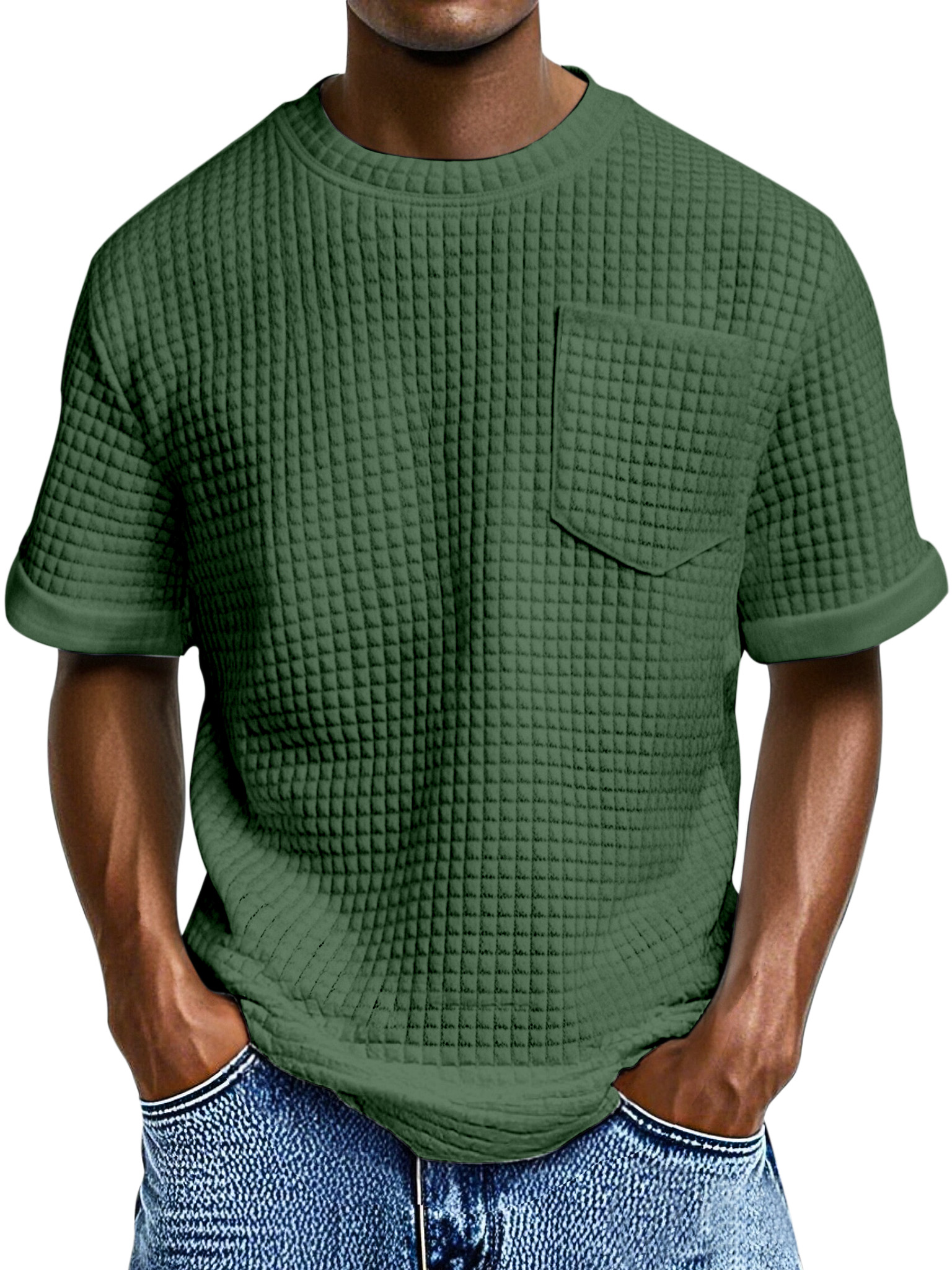 Men's Casual Loose Small Square Texture Pocket Round Neck Short-sleeved T-shirt