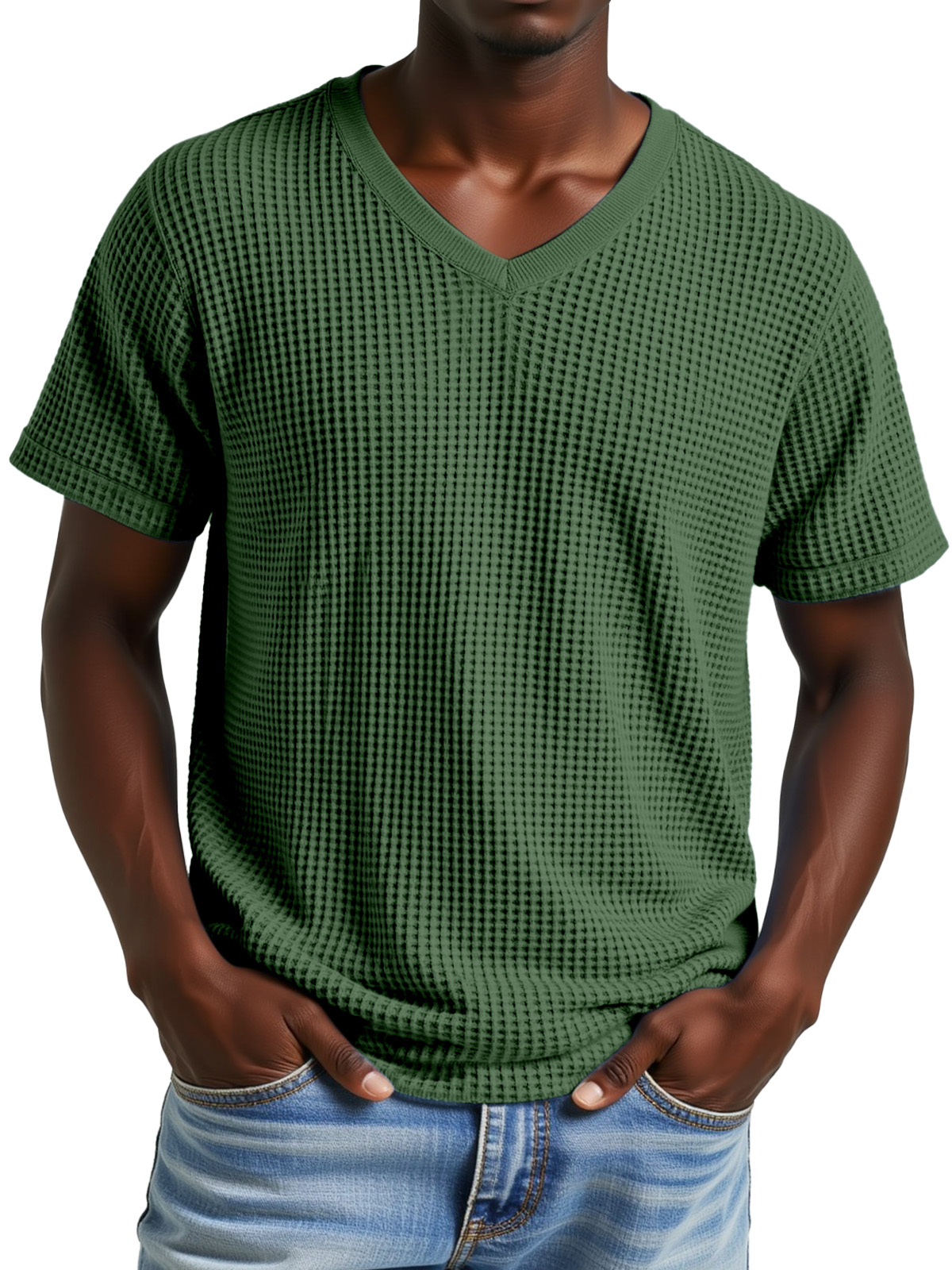 Men's Simple Casual Waffle V-neck Short Sleeve T-shirt