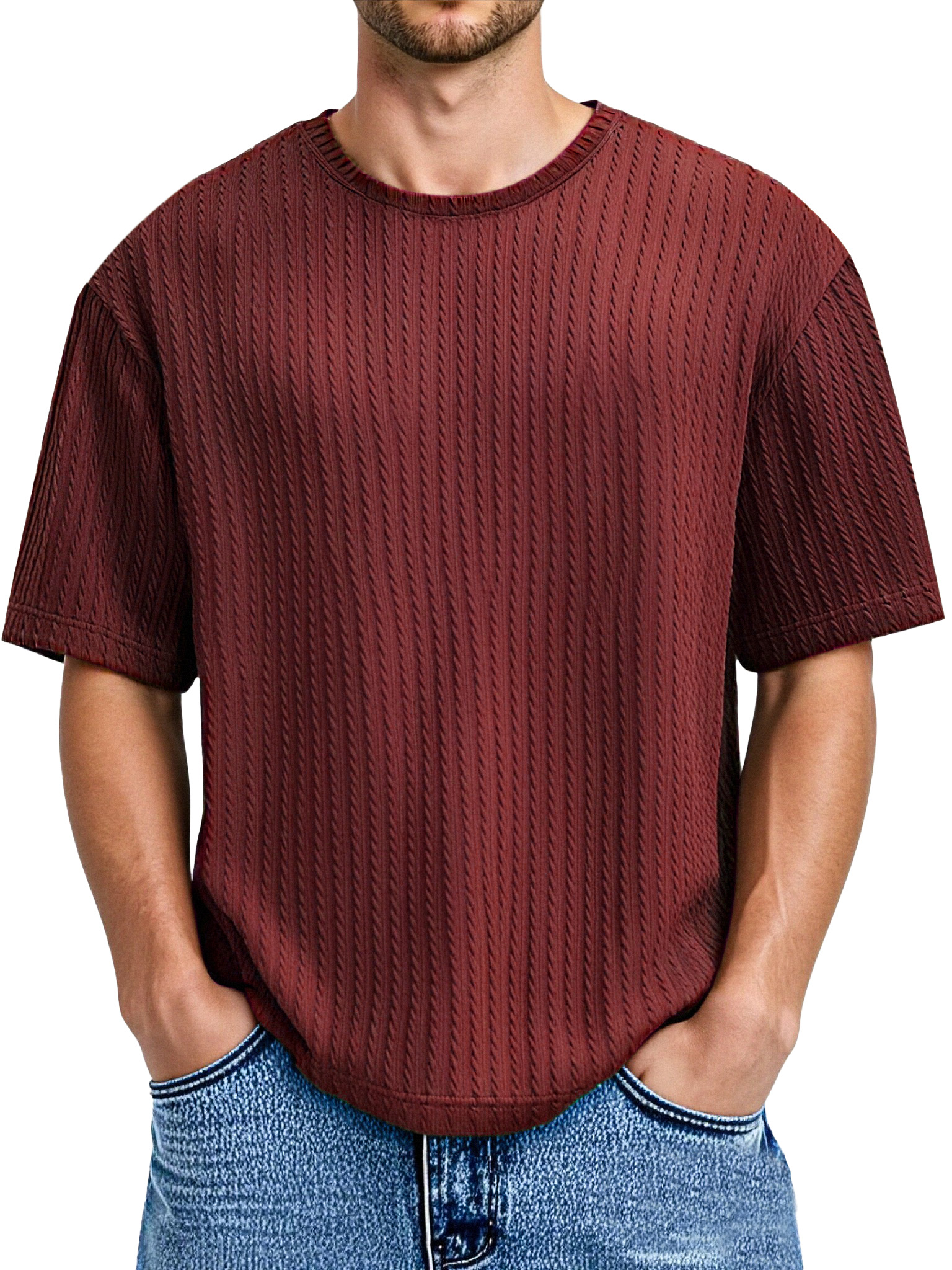 Men's Daily Solid Color Twist Texture Short-sleeved Round Neck T-shirt