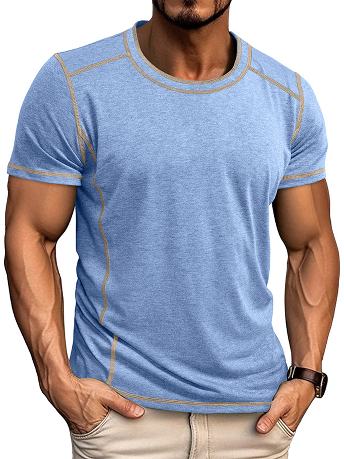 Men's Basic Casual Solid Color Stitching Design Round Neck Short-sleeved T-shirt