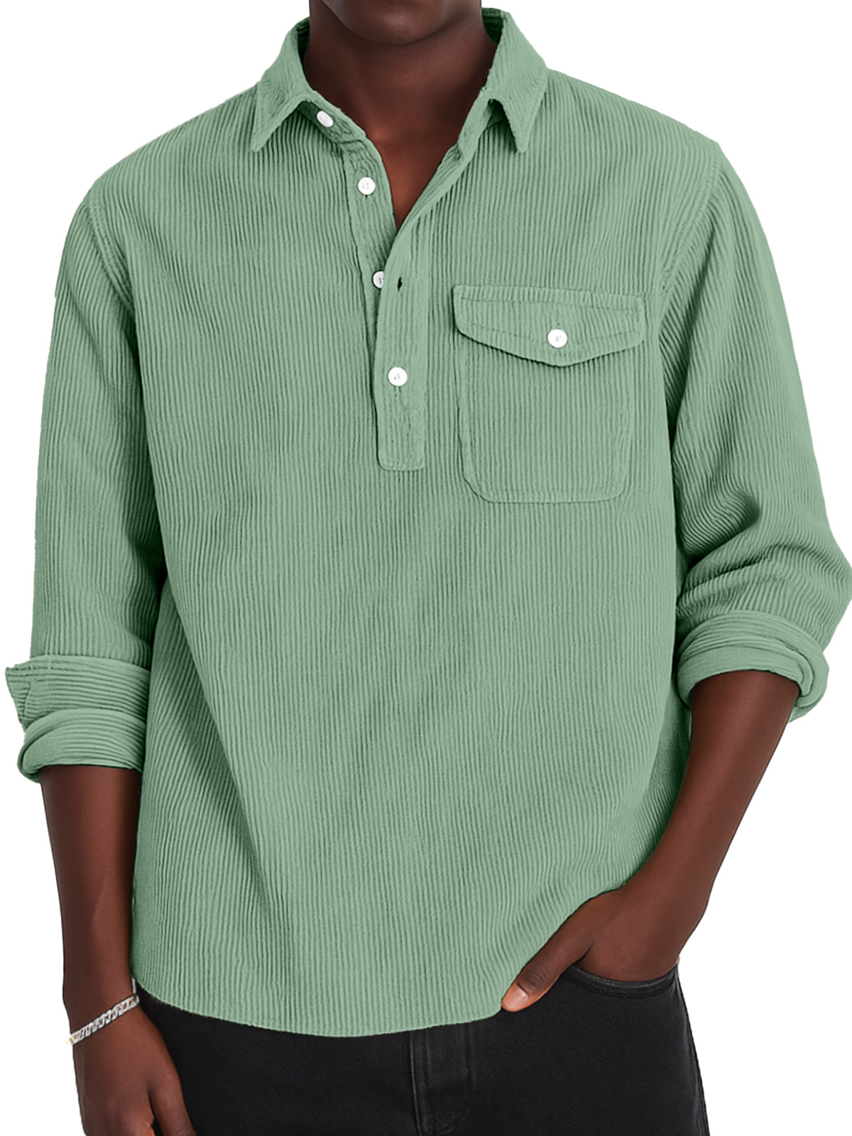 Men's Simple Solid Color Corduroy Lapel Long-sleeved Polo Shirt
