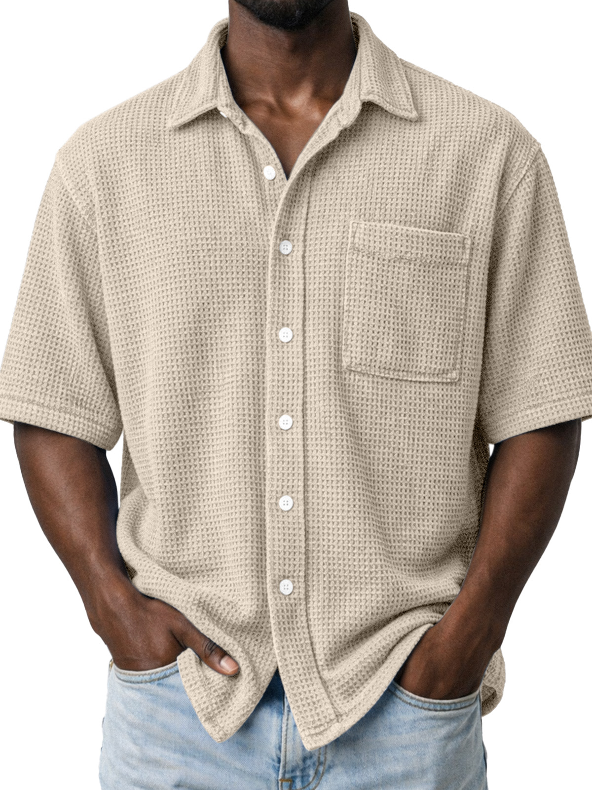 Men's Casual Solid Color Waffle Knit Short-sleeved Shirt With Pockets
