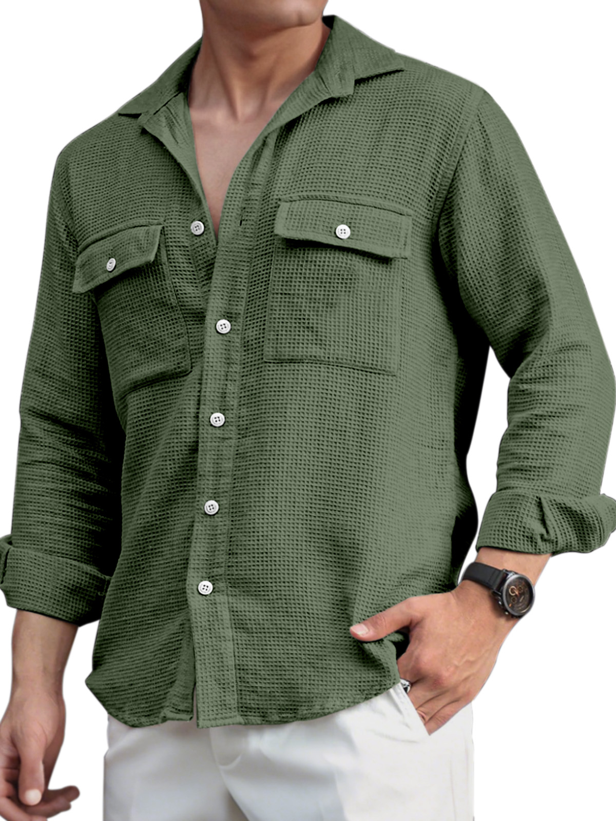 Men's Everyday Casual Solid Color Double Pocket Waffle Lapel Long Sleeve Shirt