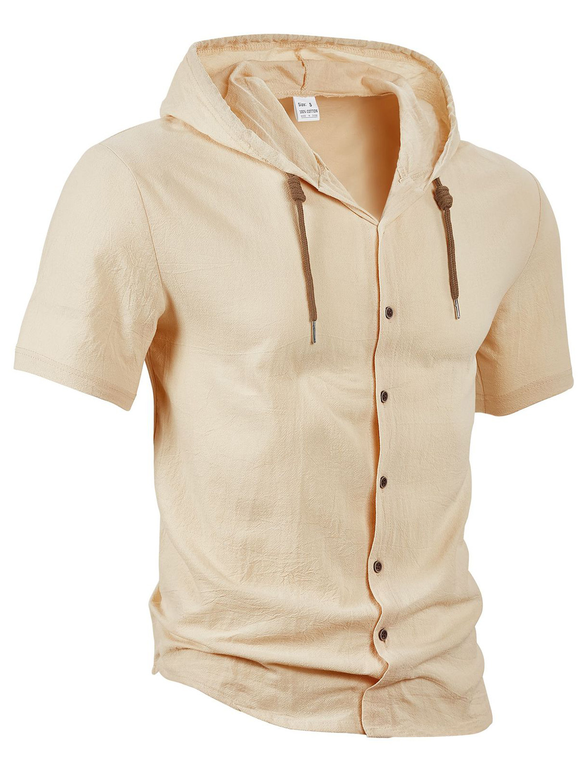 Men's Casual Solid Linen Short Sleeve Hooded Shirt