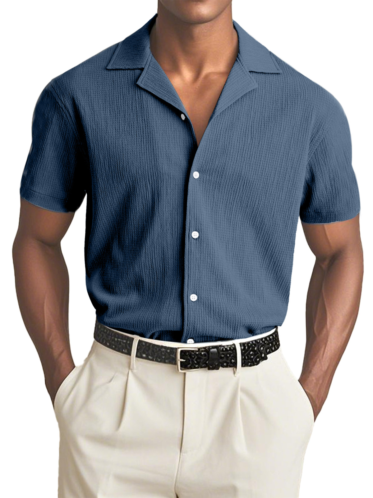 Men's Simple Solid Color Textured Cuban Collar Short-sleeved Shirt