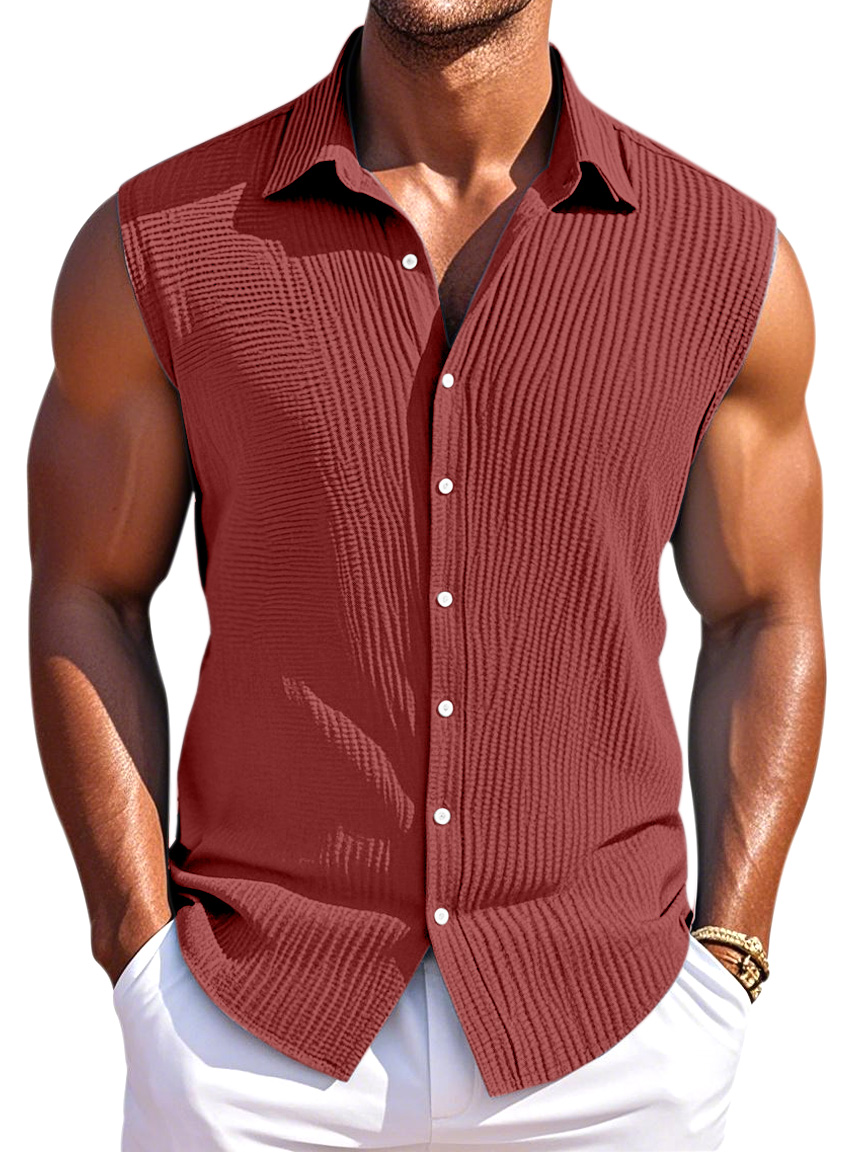 Men's Summer Simple Pleated Texture Daily Lapel Button Sleeveless Shirt