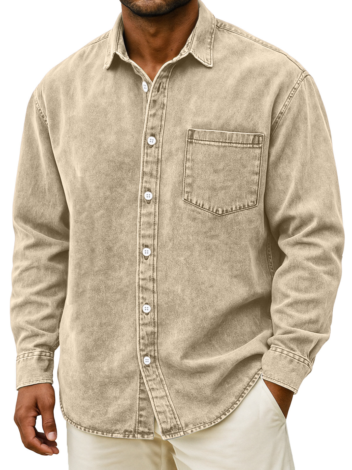 Men's Retro Solid Color Loose Long Sleeve Shirt