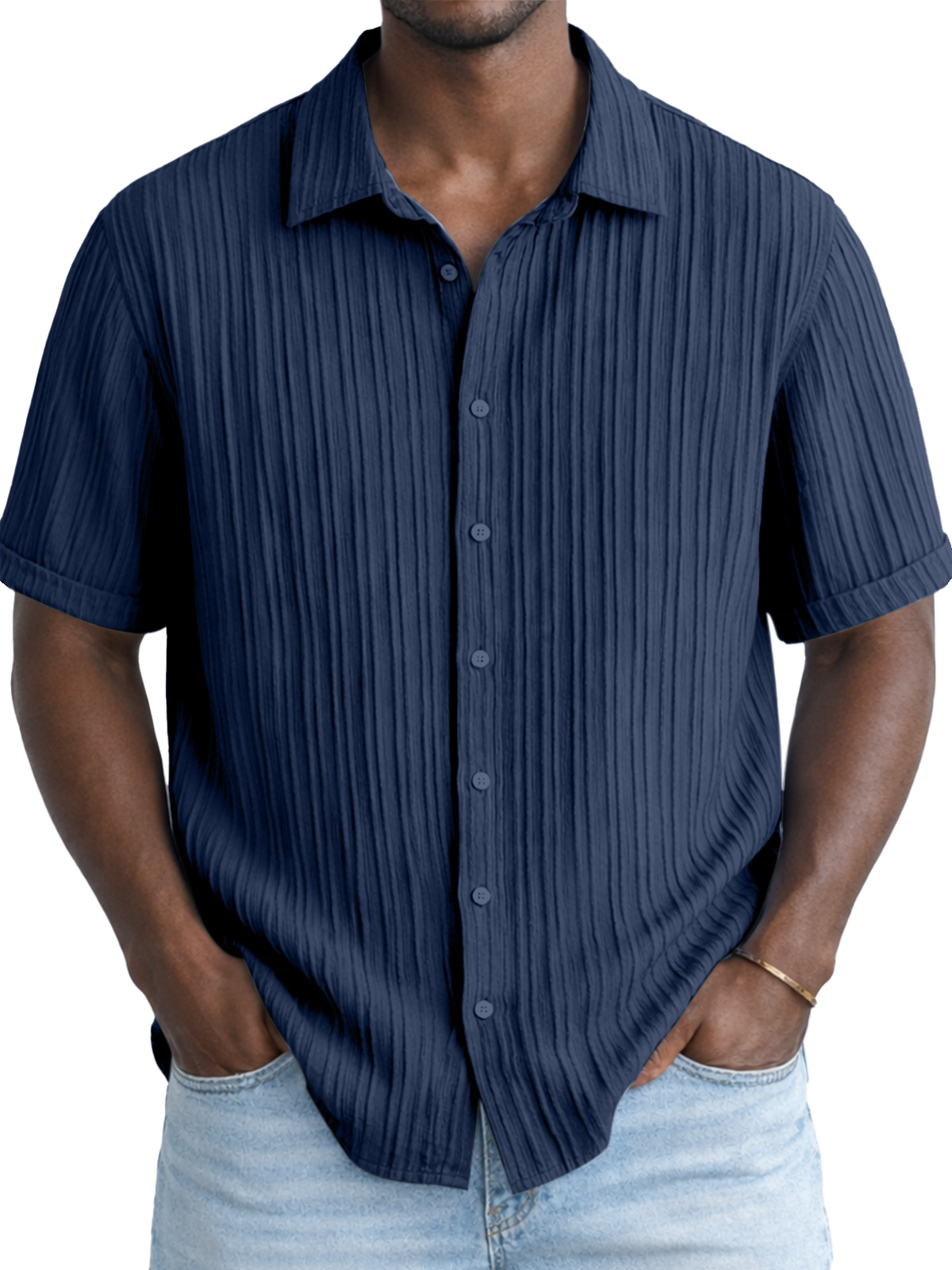 Men's Solid Color Breathable Vertical Stripe Simple Short-Sleeve Shirt