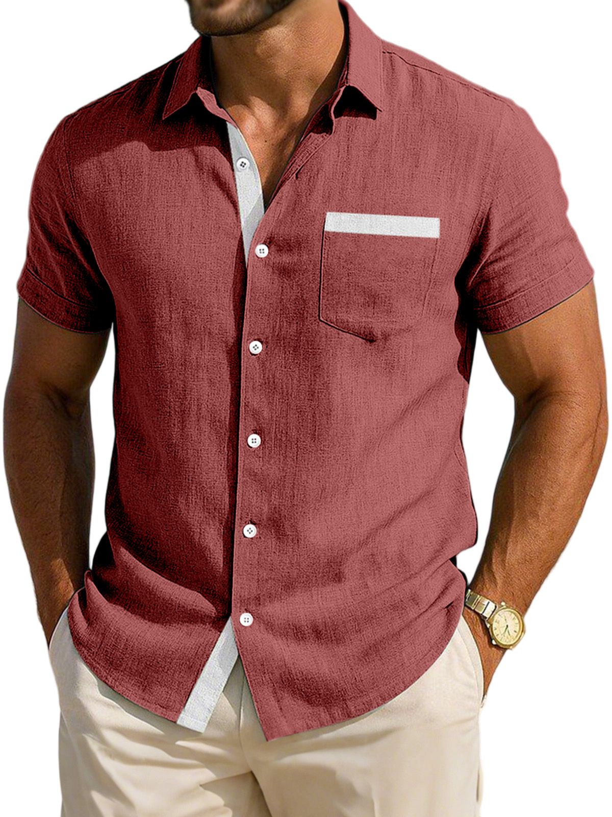 Men's Simple Daily Casual Breathable Contrast Button Short-sleeved Shirt