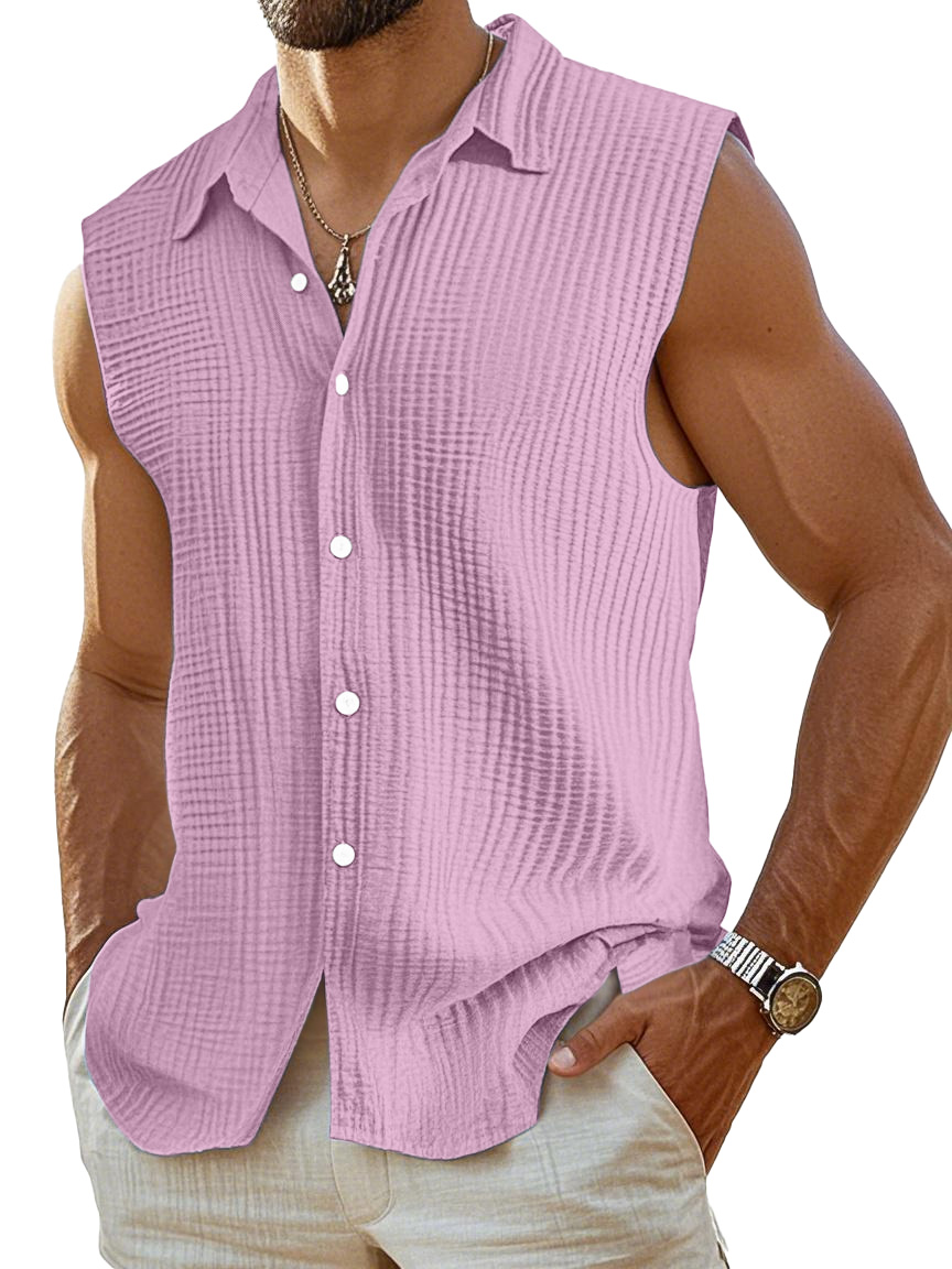 Men's Casual Pleated Texture Solid Color Sleeveless Shirt