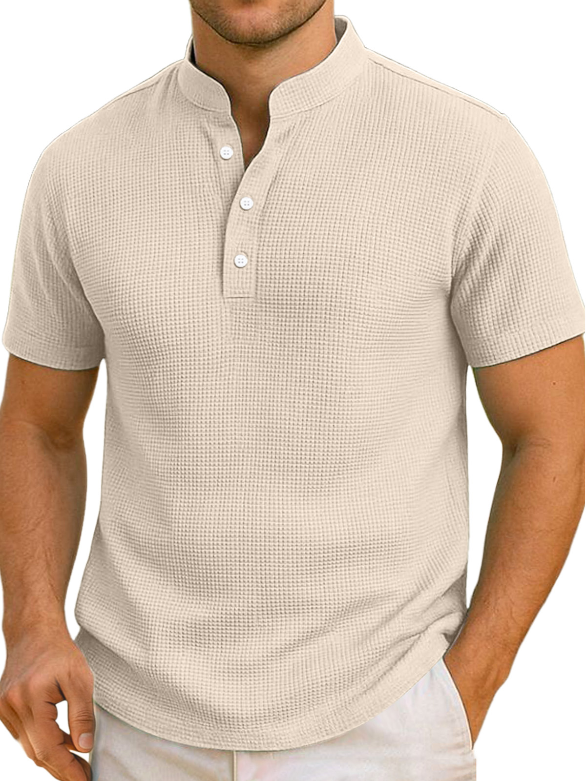 Men's Daily Simple And Comfortable Solid Color Waffle Short-sleeved Henley Shirt