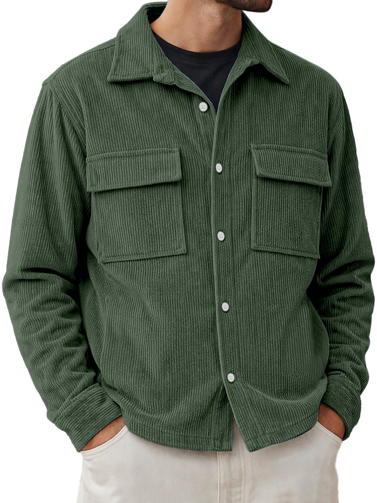 Men's Basic Double-pocket Corduroy Button-down Long-sleeved Shirt
