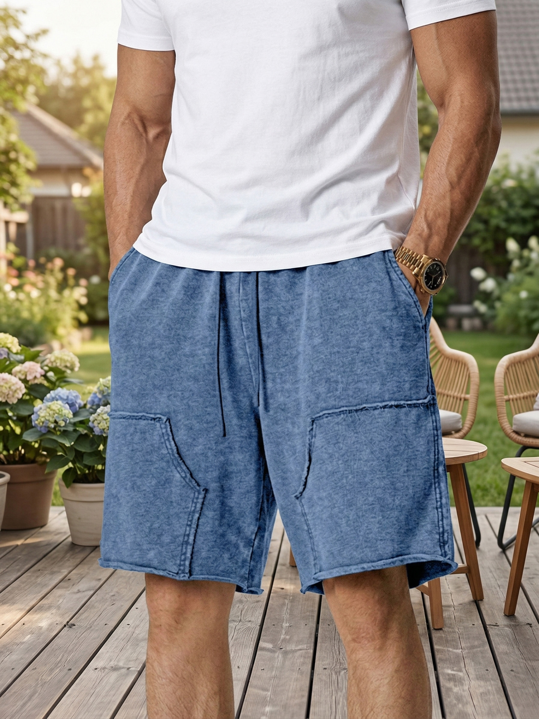 Men's Retro Loose Solid Color Stitching Design Casual Shorts