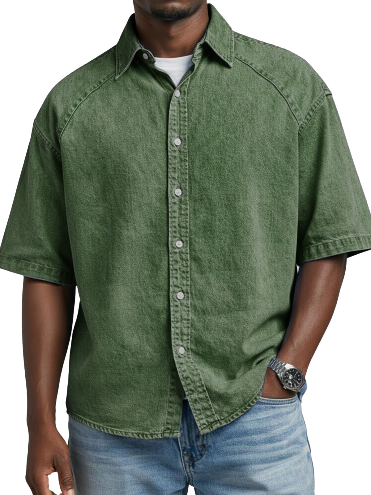 Men's Retro Solid Color Raglan Collared Short-Sleeve Shirt
