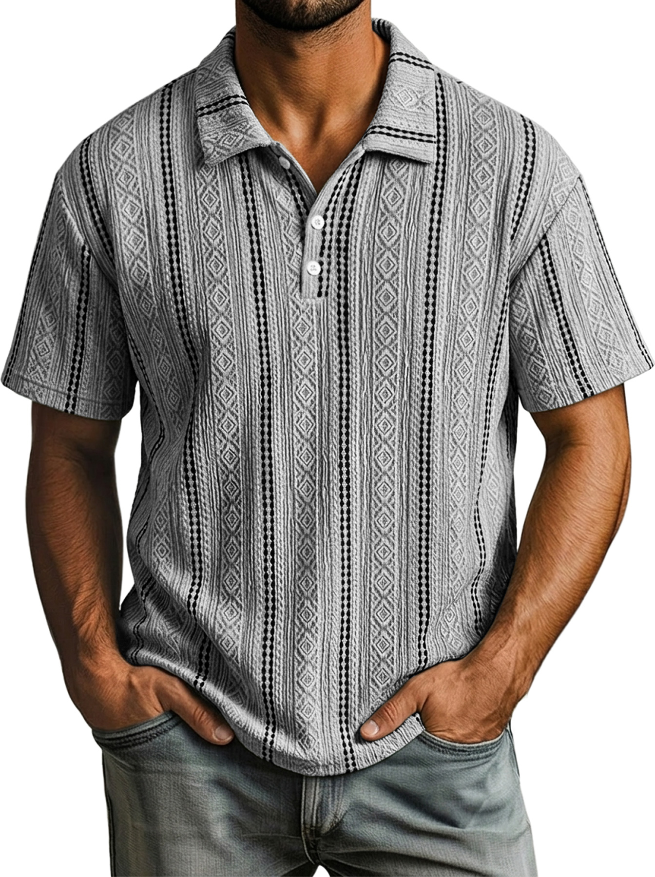 Men's Casual Color-Blocked Textured Collar Button-Up Comfortable Short-Sleeve Polo Shirt