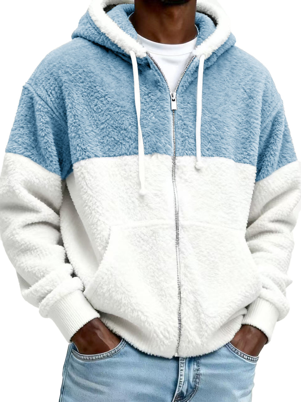Men's Stylish Casual Patchwork Plush Warm Long-sleeved Hooded Jacket