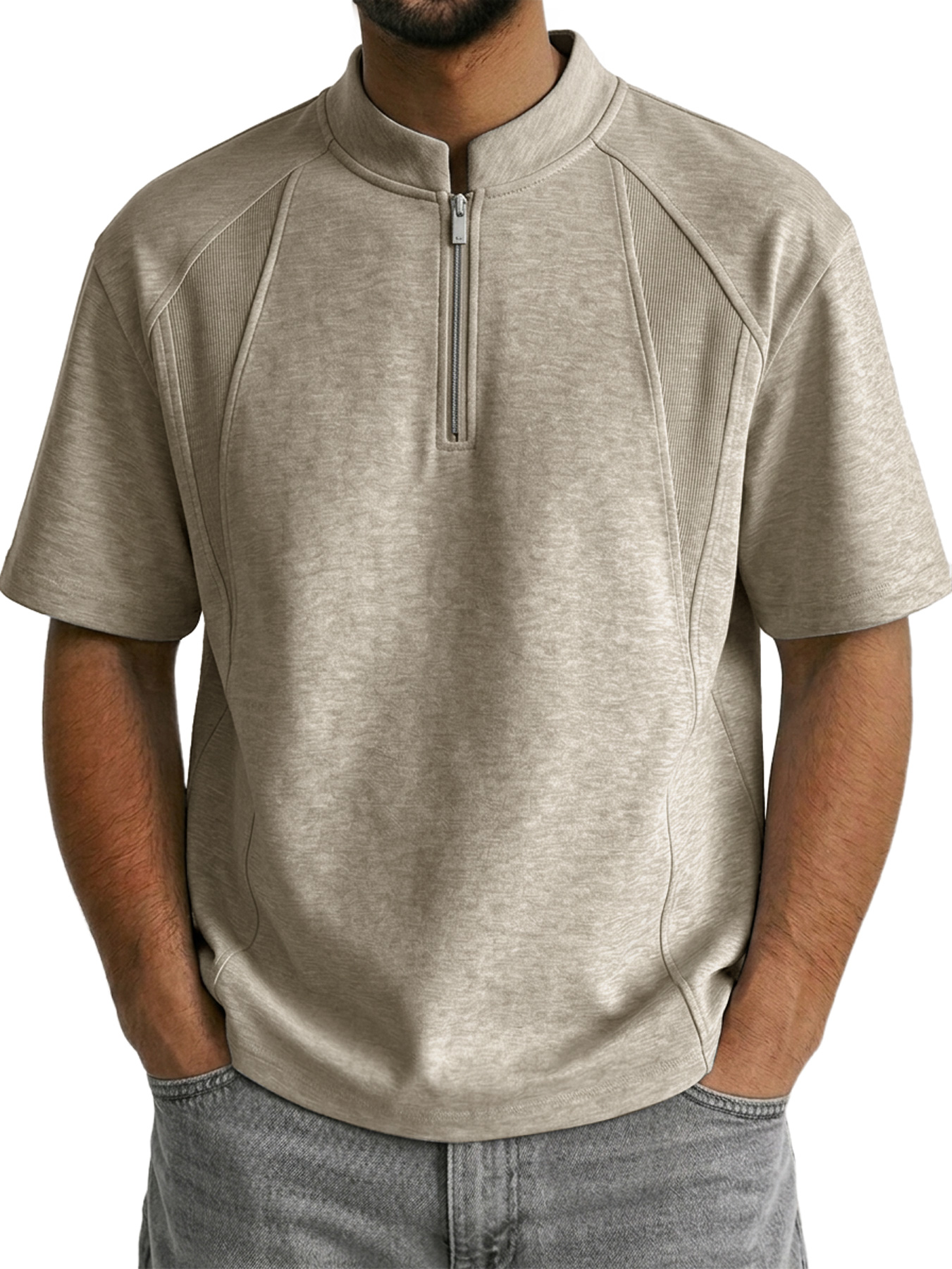 Men's Stand Collar Zipper Deconstructed Casual Short-Sleeve T-Shirt