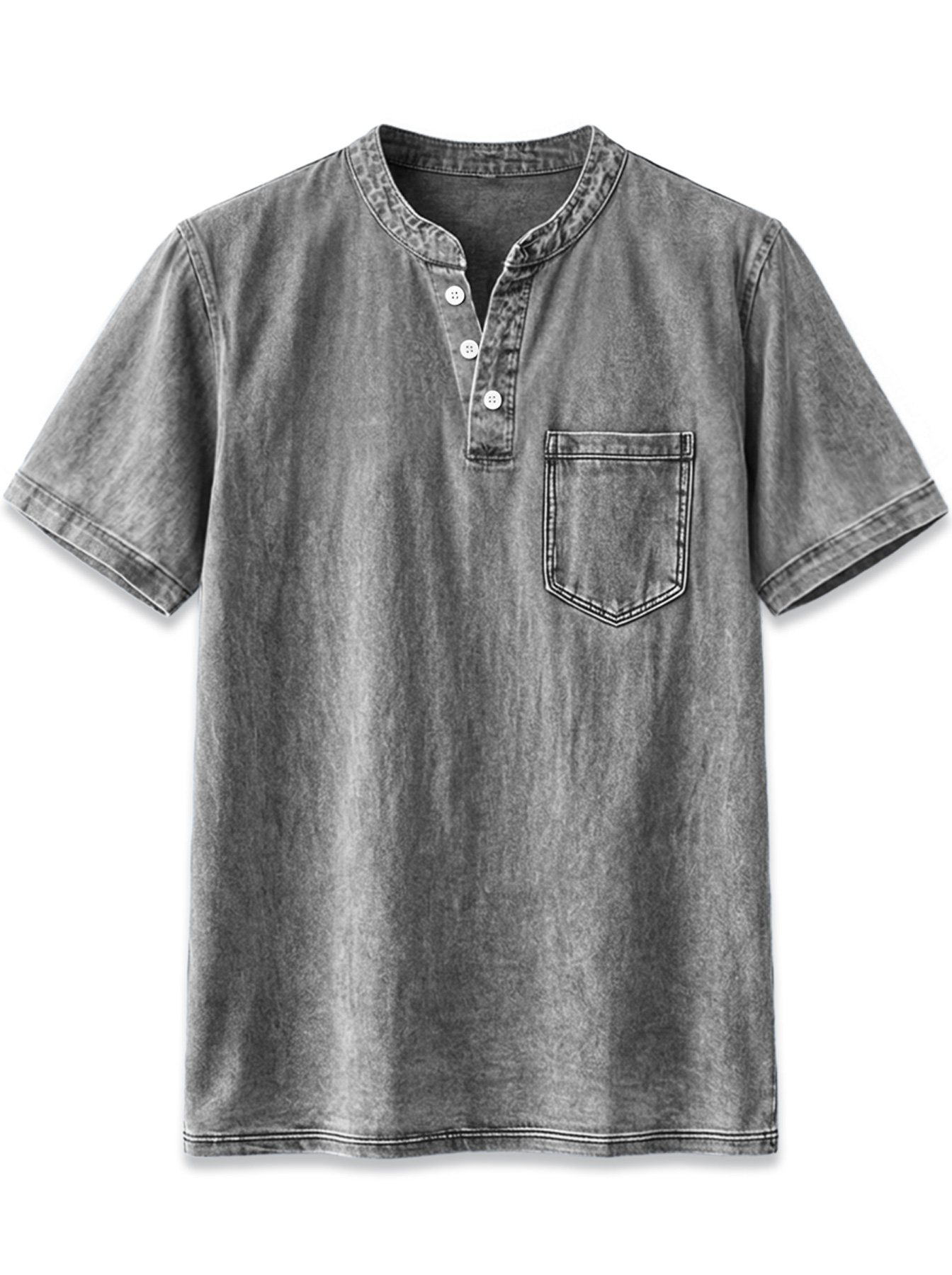 Men's Retro Stand Collar Button Casual Pocket Short Sleeve Henley Shirt