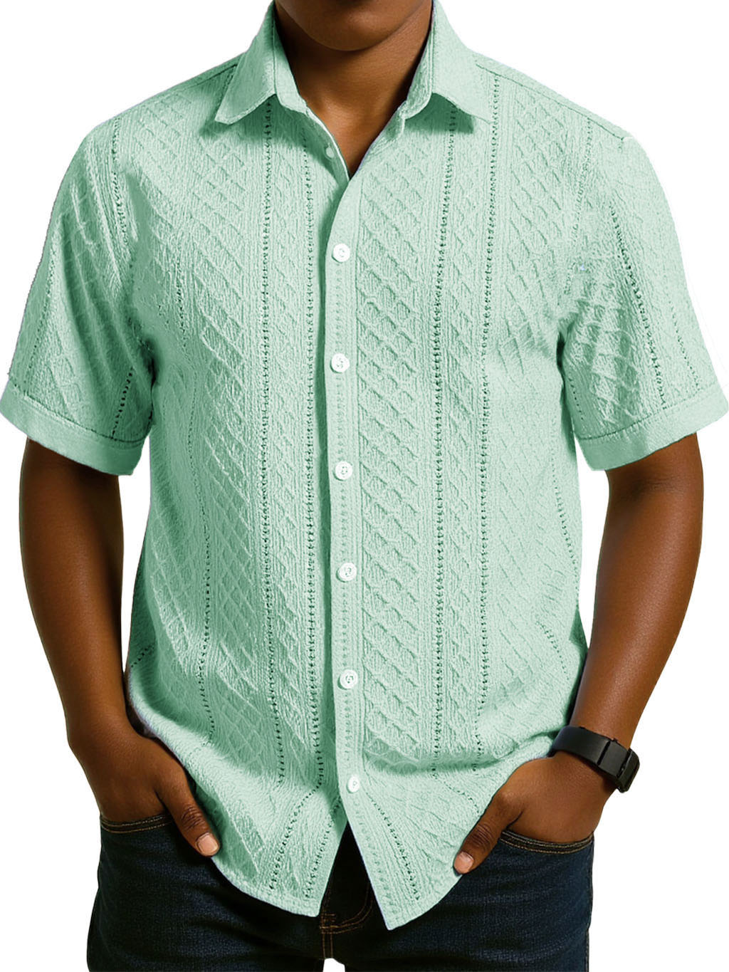 Men's Fashion Casual Jacquard Fabric Lapel Short-sleeved Shirt