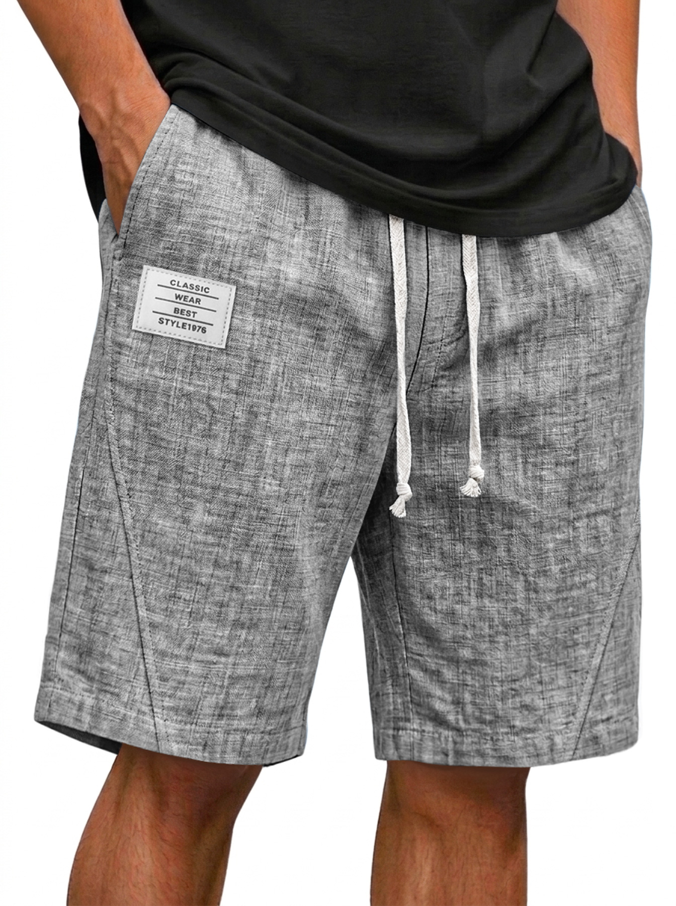 Men's Cotton-Linen Deconstructed Casual Shorts with Embroidered Logo