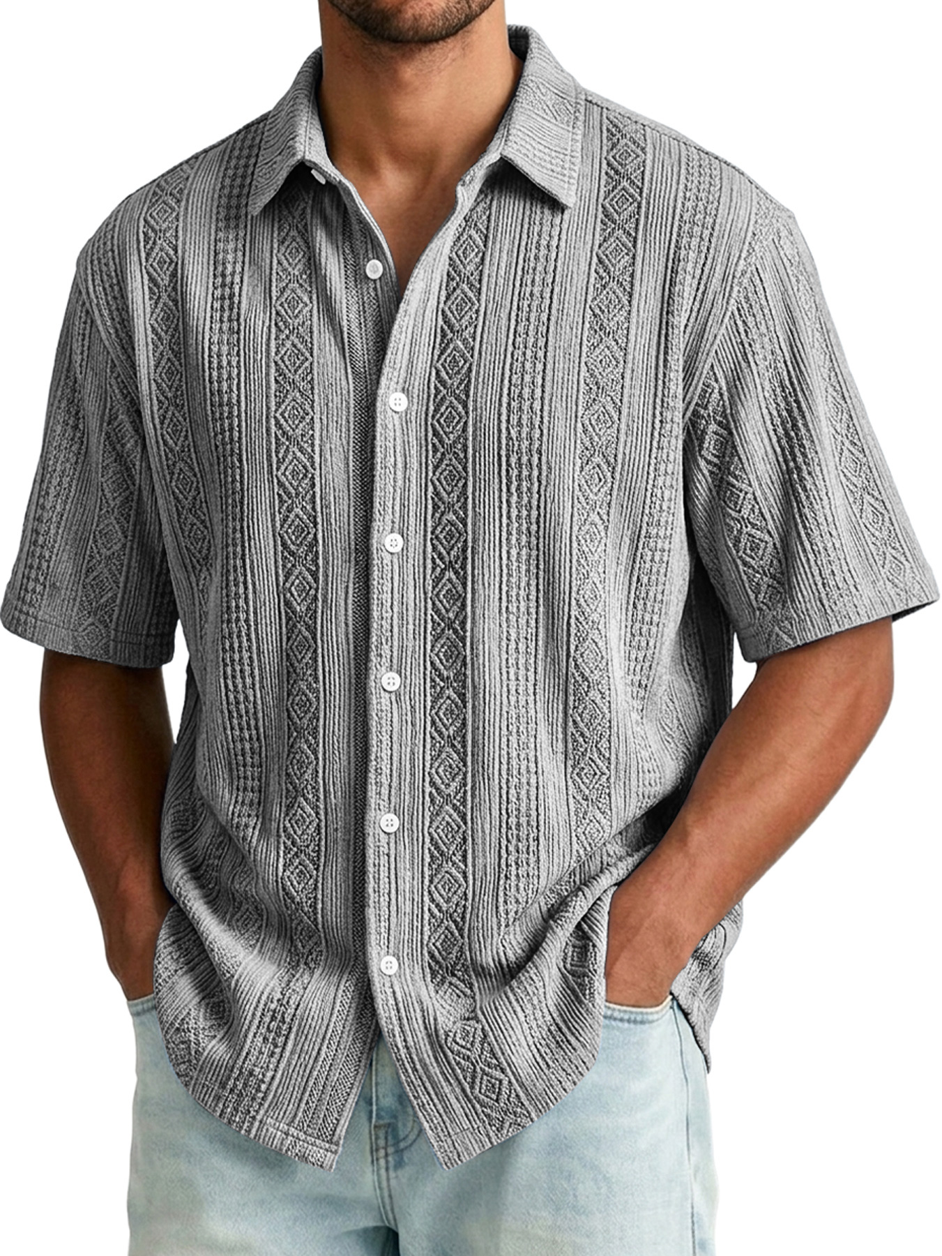 Men's Jacquard Textured Casual And Comfortable Short-sleeved Shirt