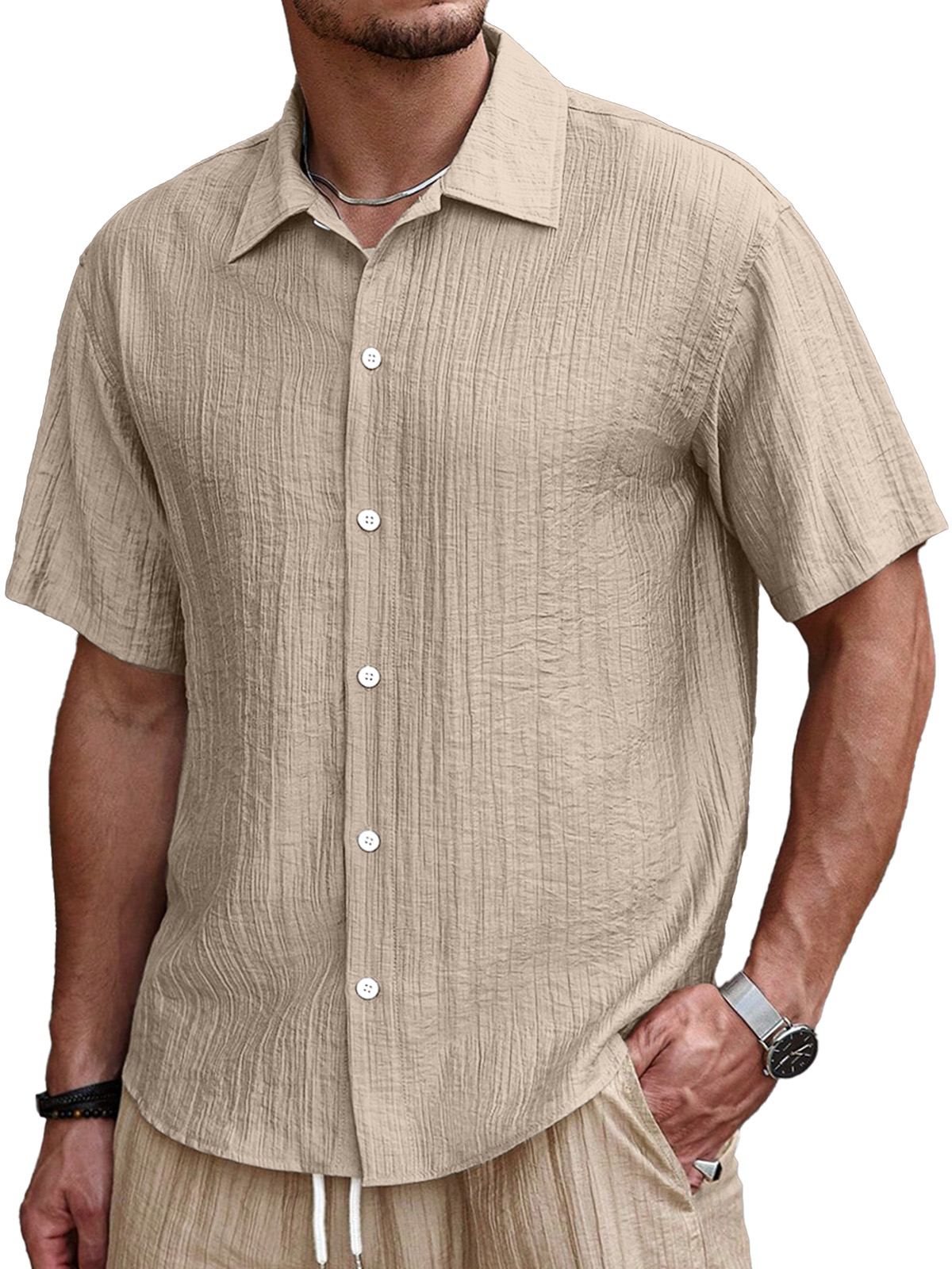 Men's Simple Casual Pleated Solid Color Short Sleeve Button Lapel Shirt