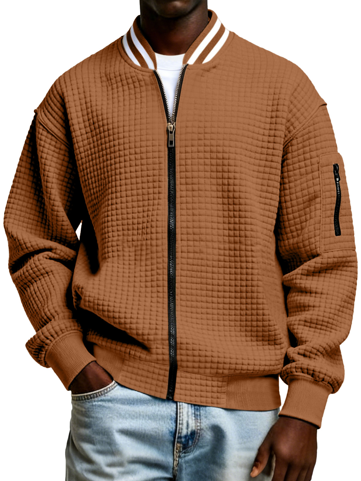 Men's Plaid Texture Solid Color Zipper Stand Collar Sweatshirt Jacket