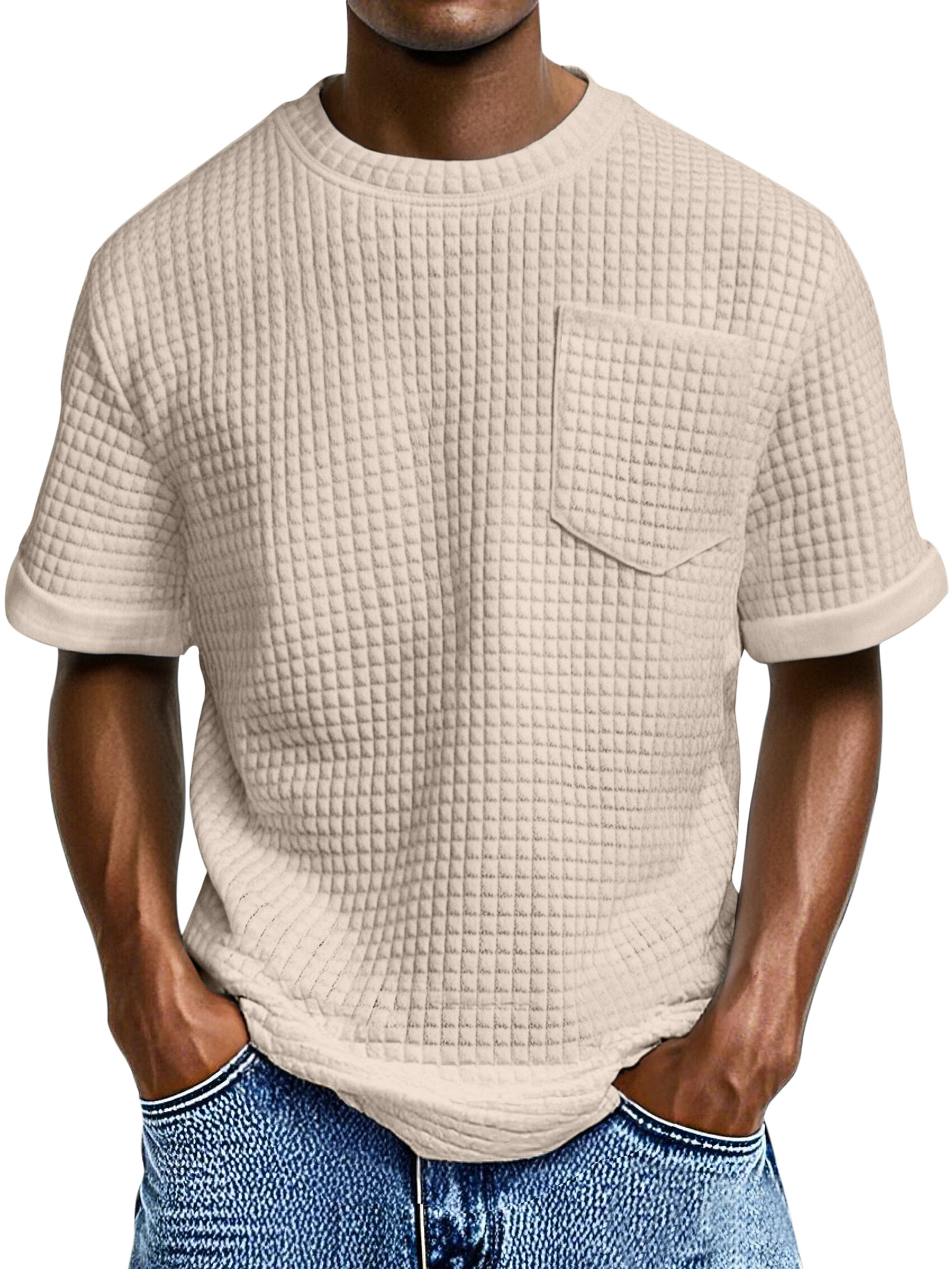 Men's Casual Loose Small Square Texture Pocket Round Neck Short-sleeved T-shirt