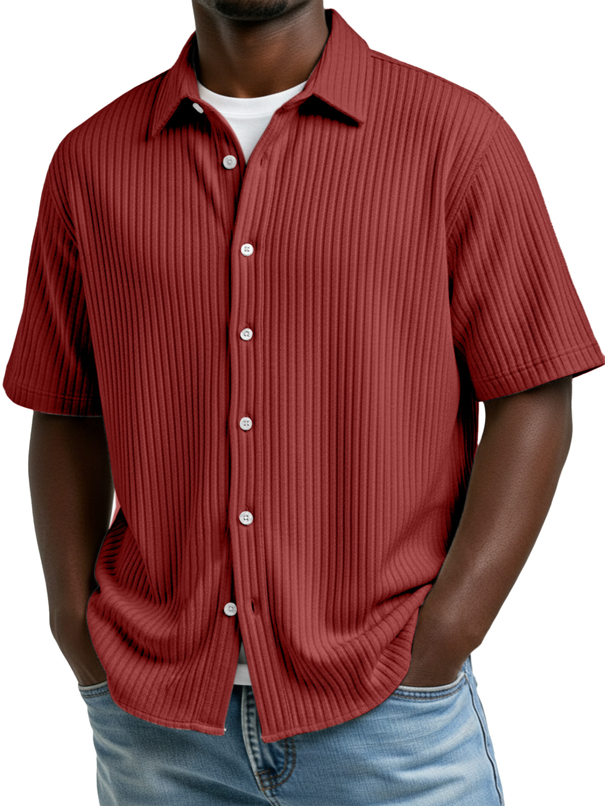 Men's Simple Solid Color Vertical Stripe Lapel Short-Sleeve Shirt