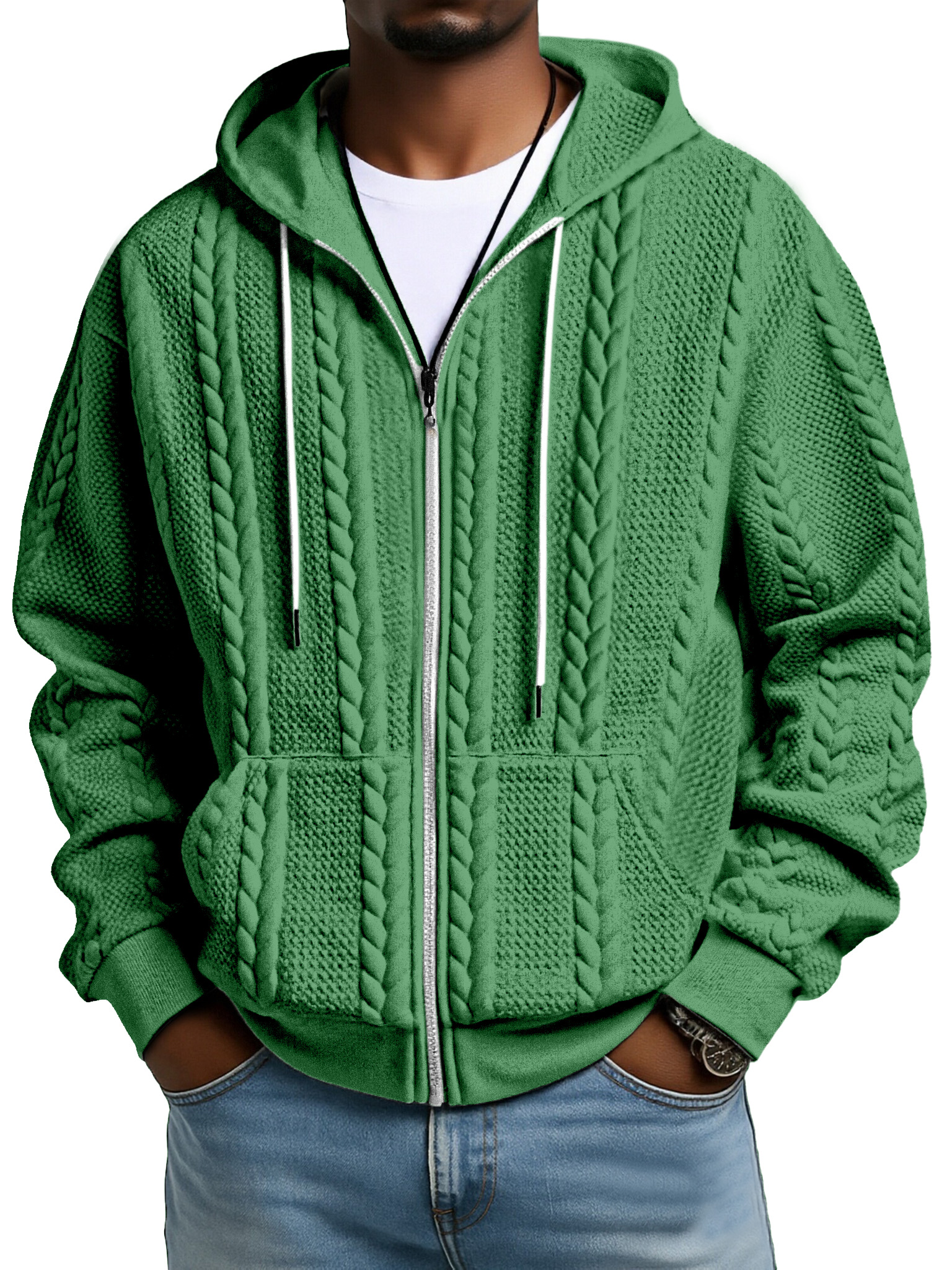 Fashionable Solid Color Twist Texture Hooded Zipper Sweatshirt Jacket