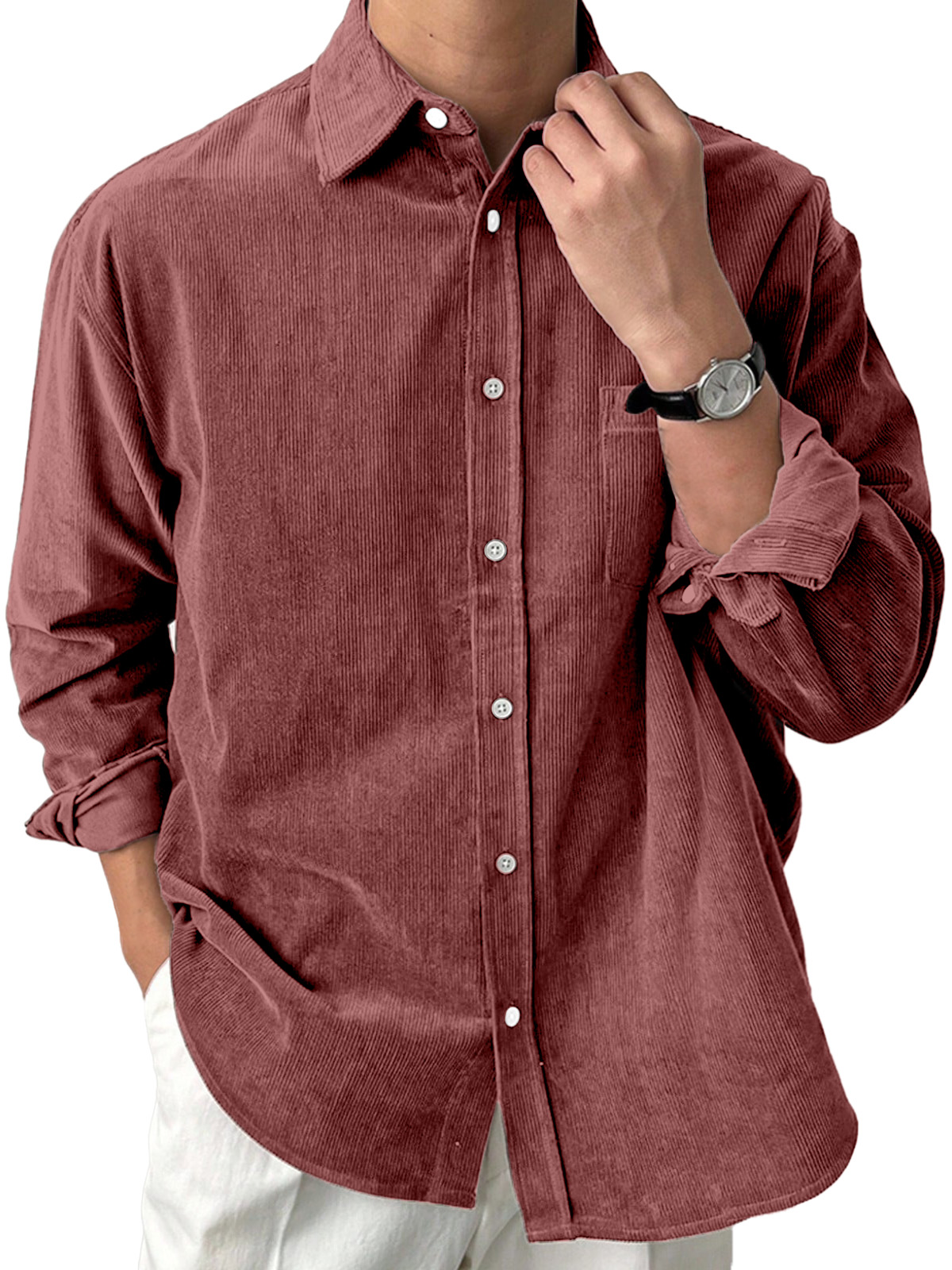 Men's Casual Solid Color Corduroy Loose Lapel Long Sleeve Shirt