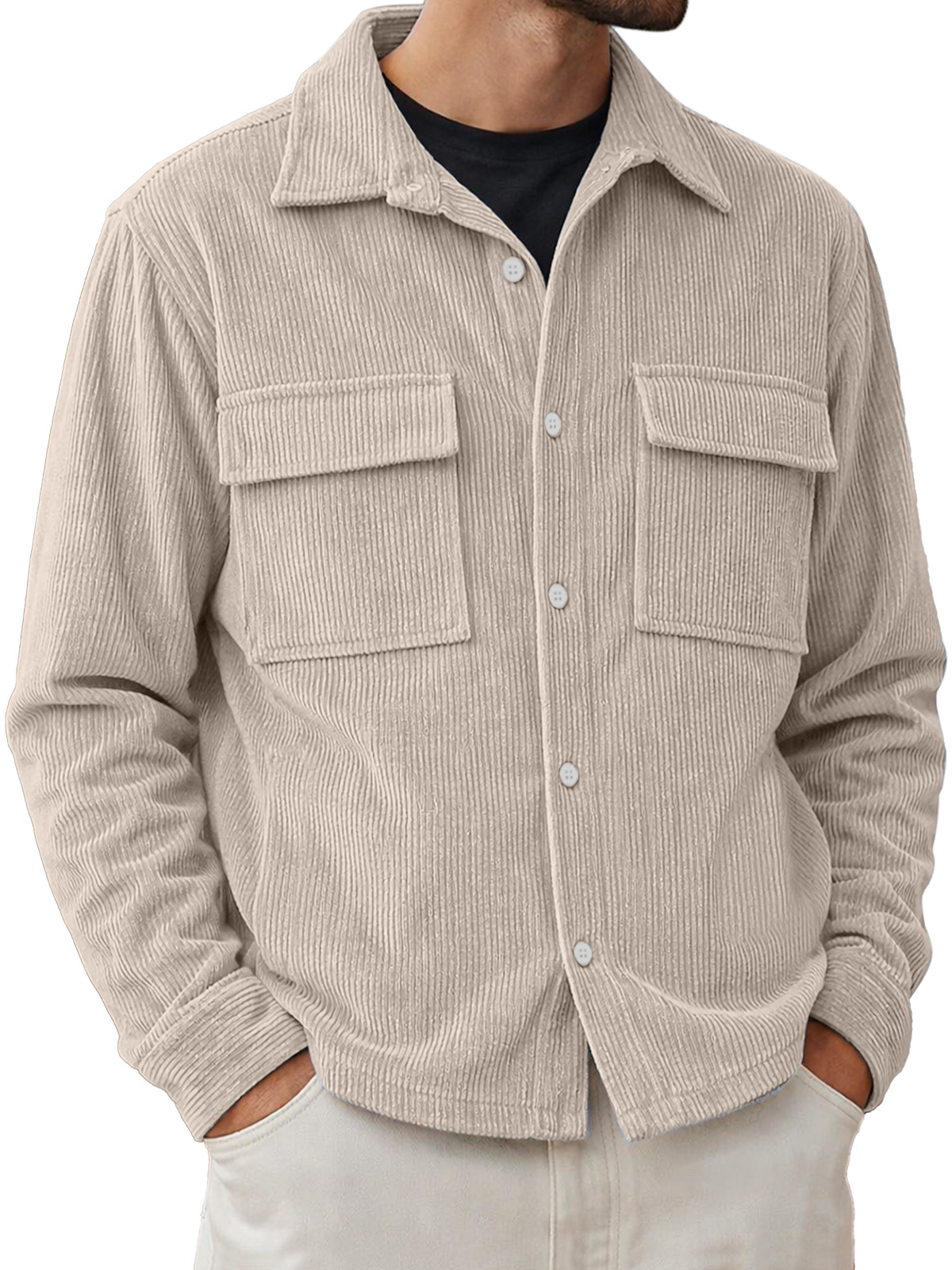 Men's Basic Double-pocket Corduroy Button-down Long-sleeved Shirt