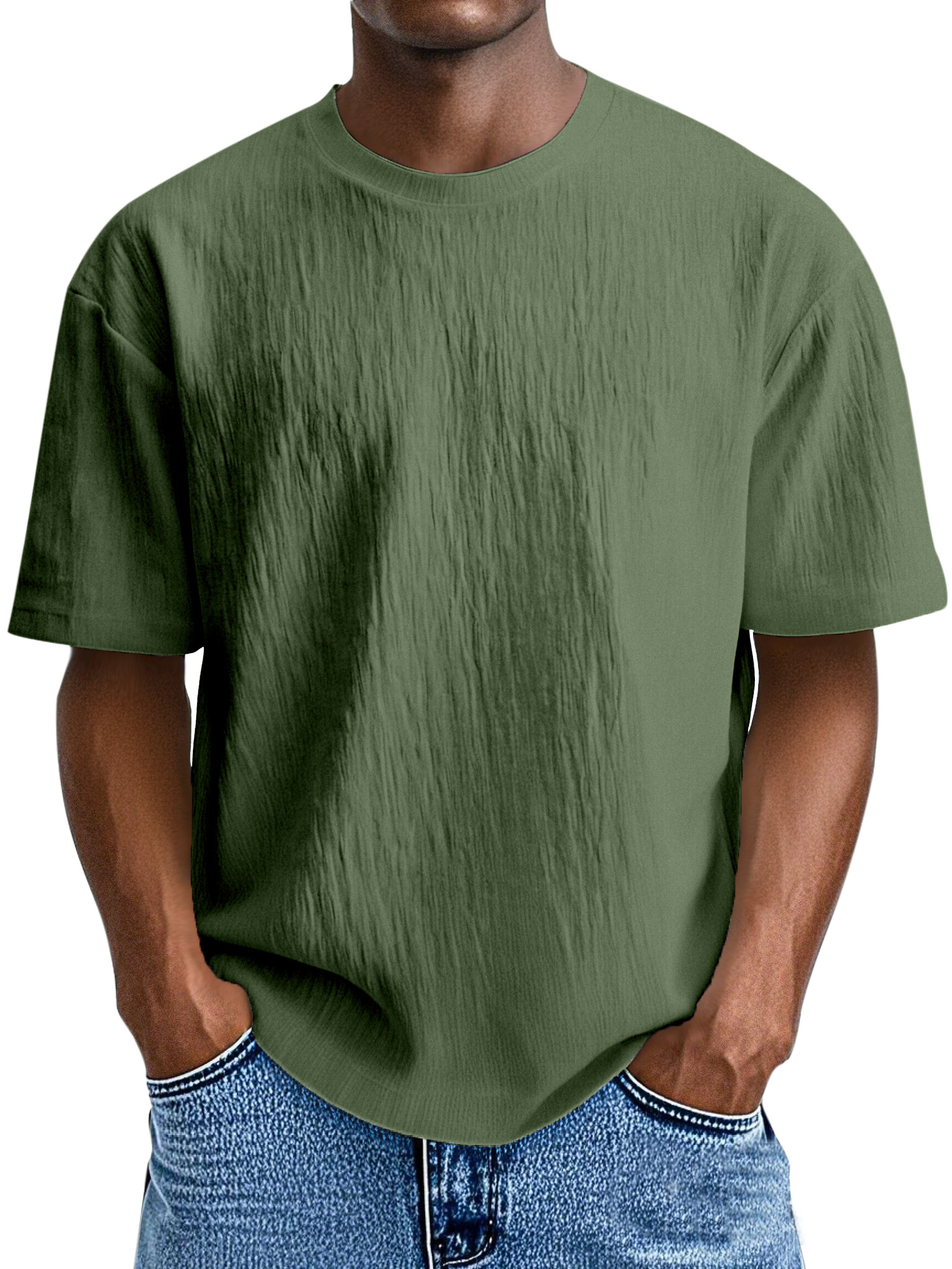Men's Simple, Comfortable And Loose Solid Color Pleated Round Neck Short-sleeved T-shirt