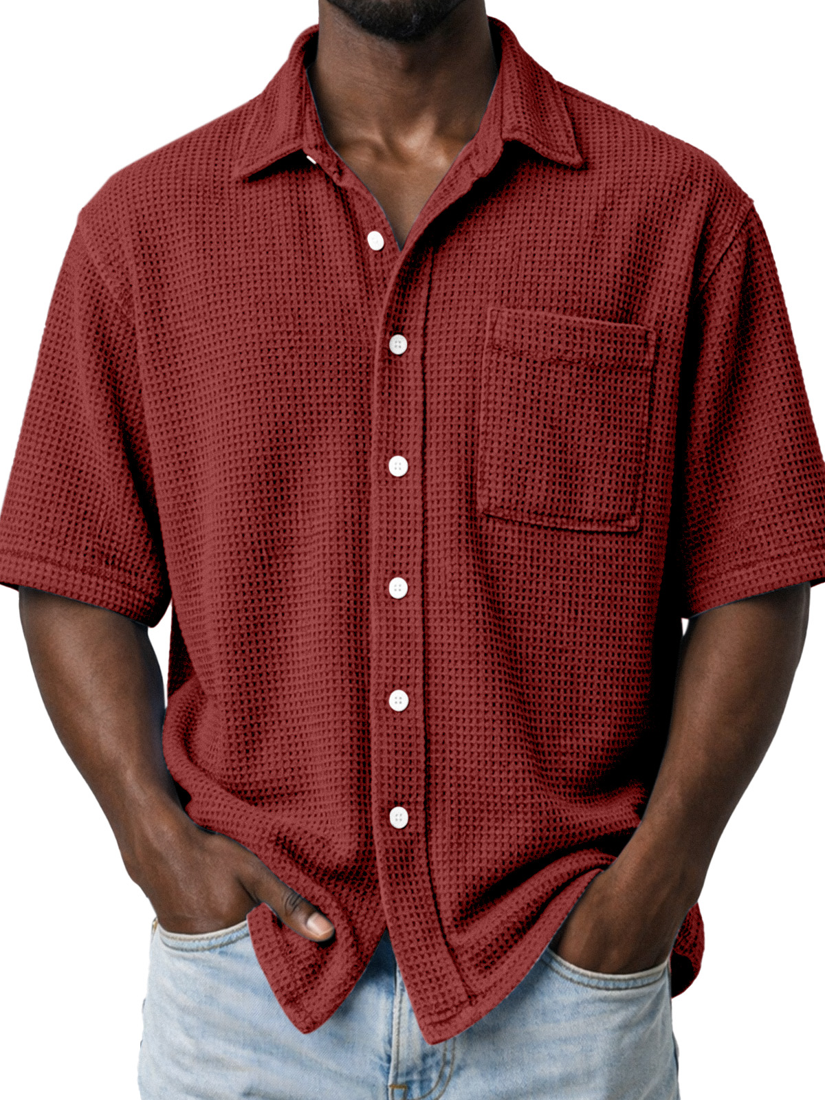 Men's Casual Solid Color Waffle Knit Short-sleeved Shirt With Pockets