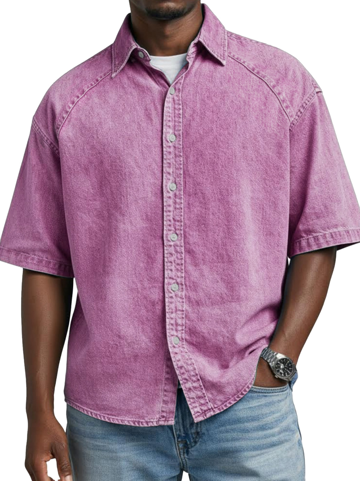 Men's Retro Solid Color Raglan Collared Short-Sleeve Shirt