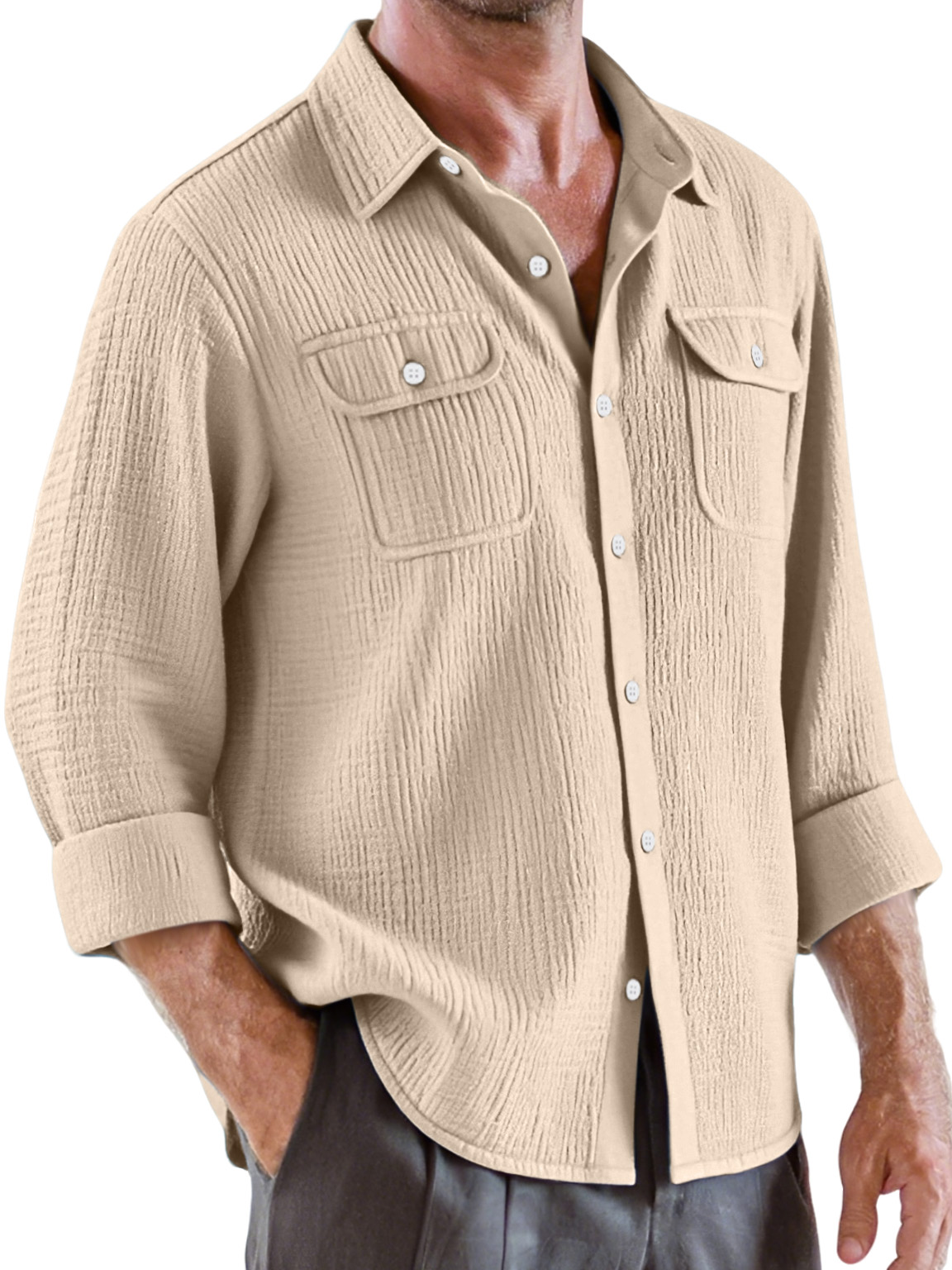 Men's Casual Solid Color Pleated Texture Double Pocket Long Sleeve Shirt