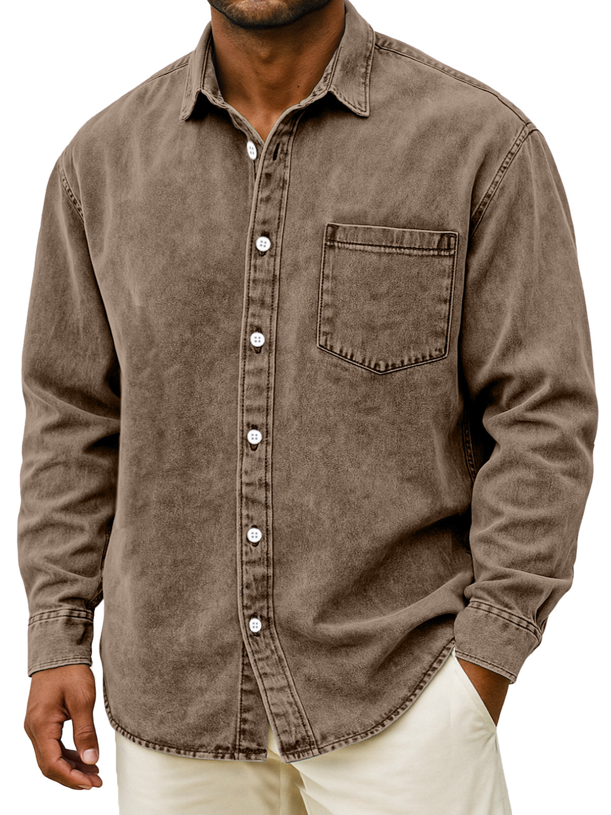 Men's Retro Solid Color Loose Long Sleeve Shirt