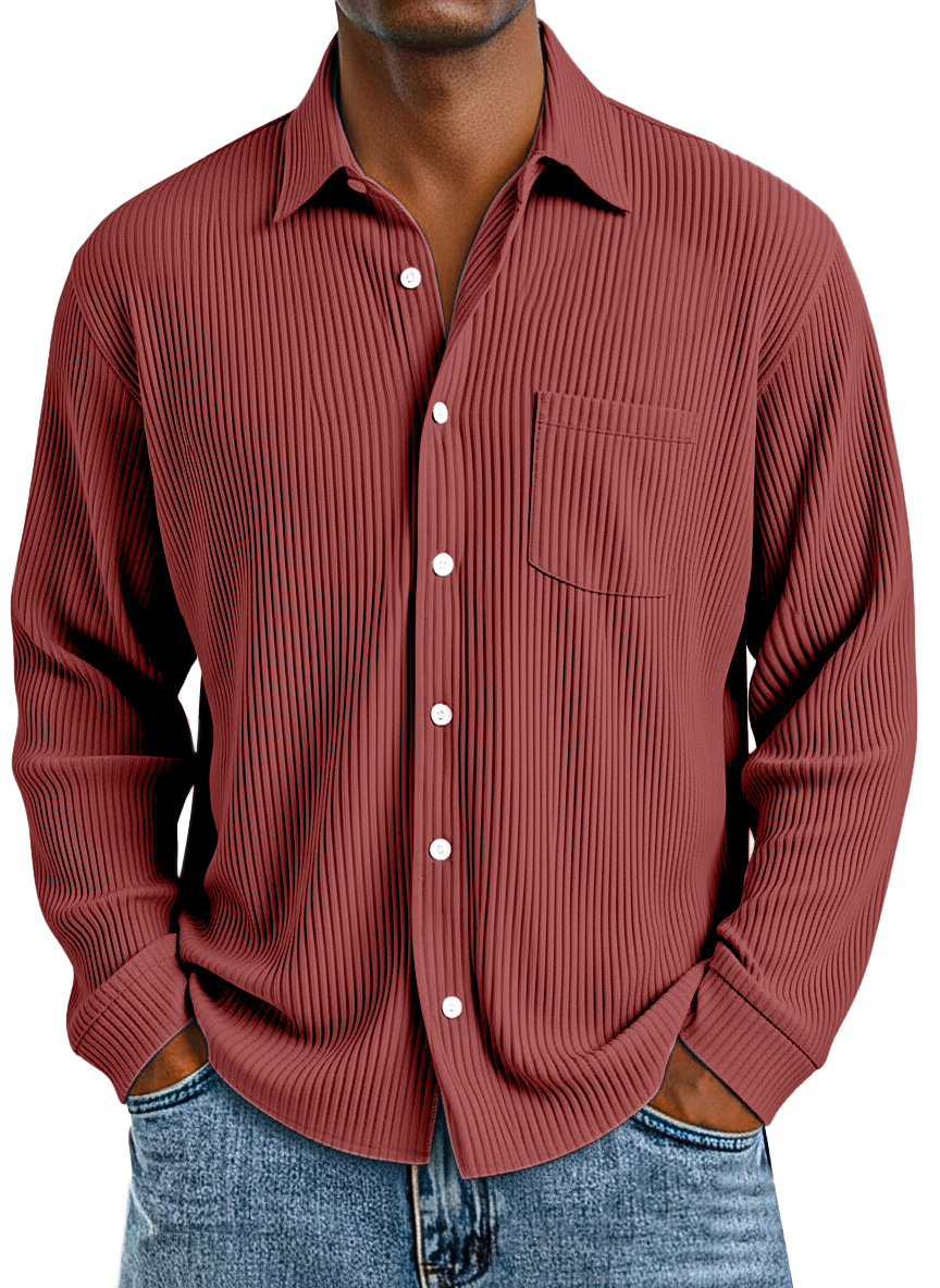 Men's daily casual vertical pit texture solid color lapel long-sleeved shirt