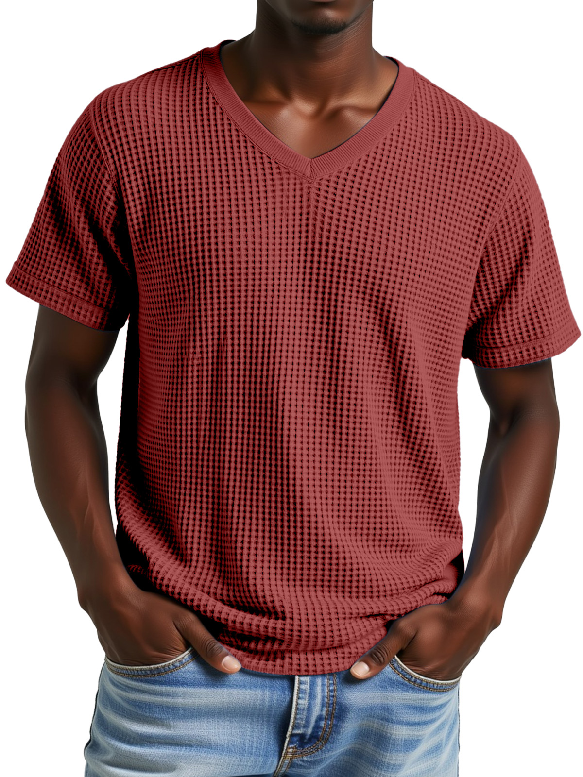 Men's Simple Casual Waffle V-neck Short Sleeve T-shirt