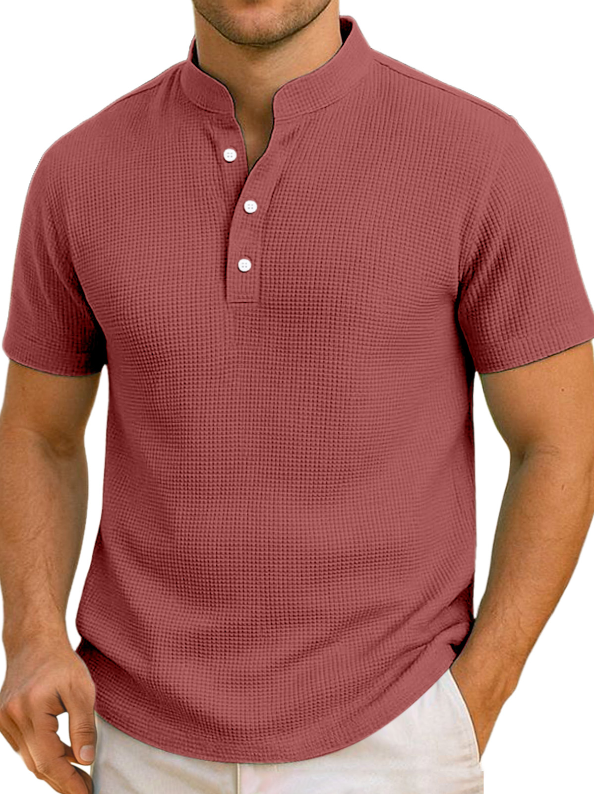 Men's Daily Simple And Comfortable Solid Color Waffle Short-sleeved Henley Shirt