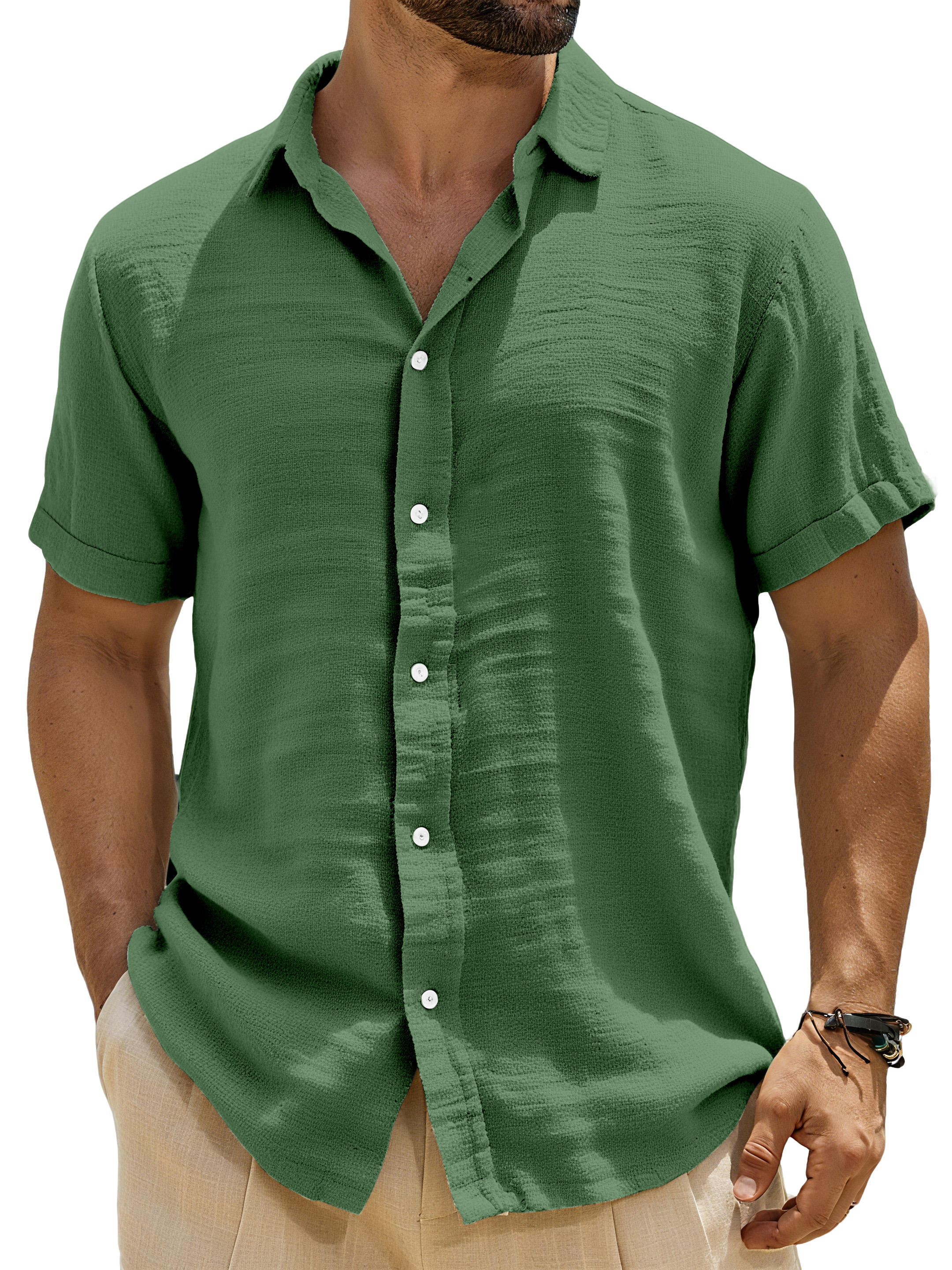 Men's Casual Solid Color Breathable Imitation Linen Button Short-sleeved Shirt